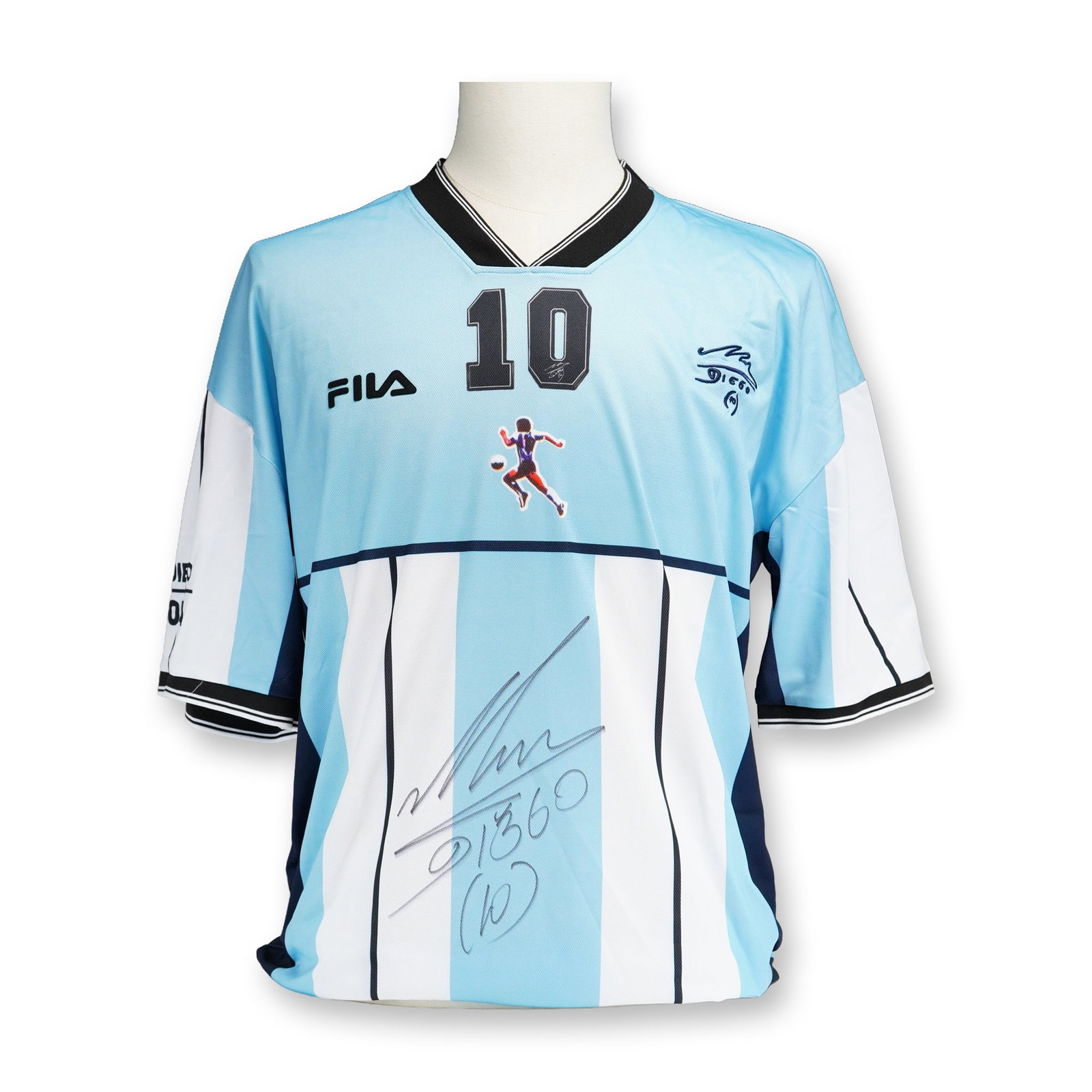 Diego Maradona Autographed Fila Testimonial Soccer Jersey with Certificate of Authenticity: This is a Fila-branded testimonial soccer jersey autographed by Argentine legend Diego Maradona. The size XL garment features a light blue upper section and sleeves, with the lower half displaying