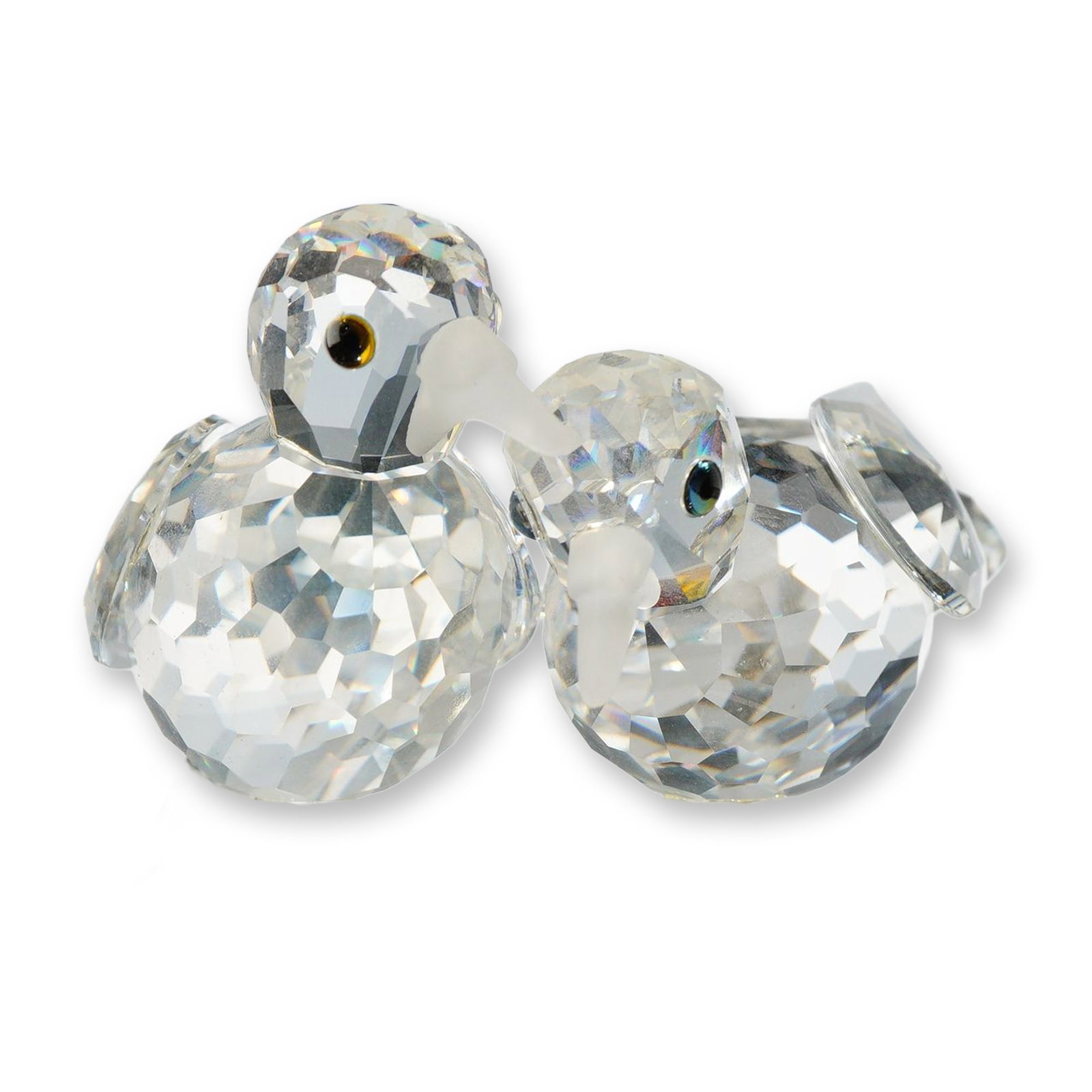 Swarovski 1989 SCS Annual Edition Crystal Figurine, Turtledoves: Swarovski Collectors Society (SCS) 1989 Annual Edition figurine titled Turtledoves or Amour. Constructed from faceted clear crystal with dark inset eyes, the two birds are perched on a frosted crystal