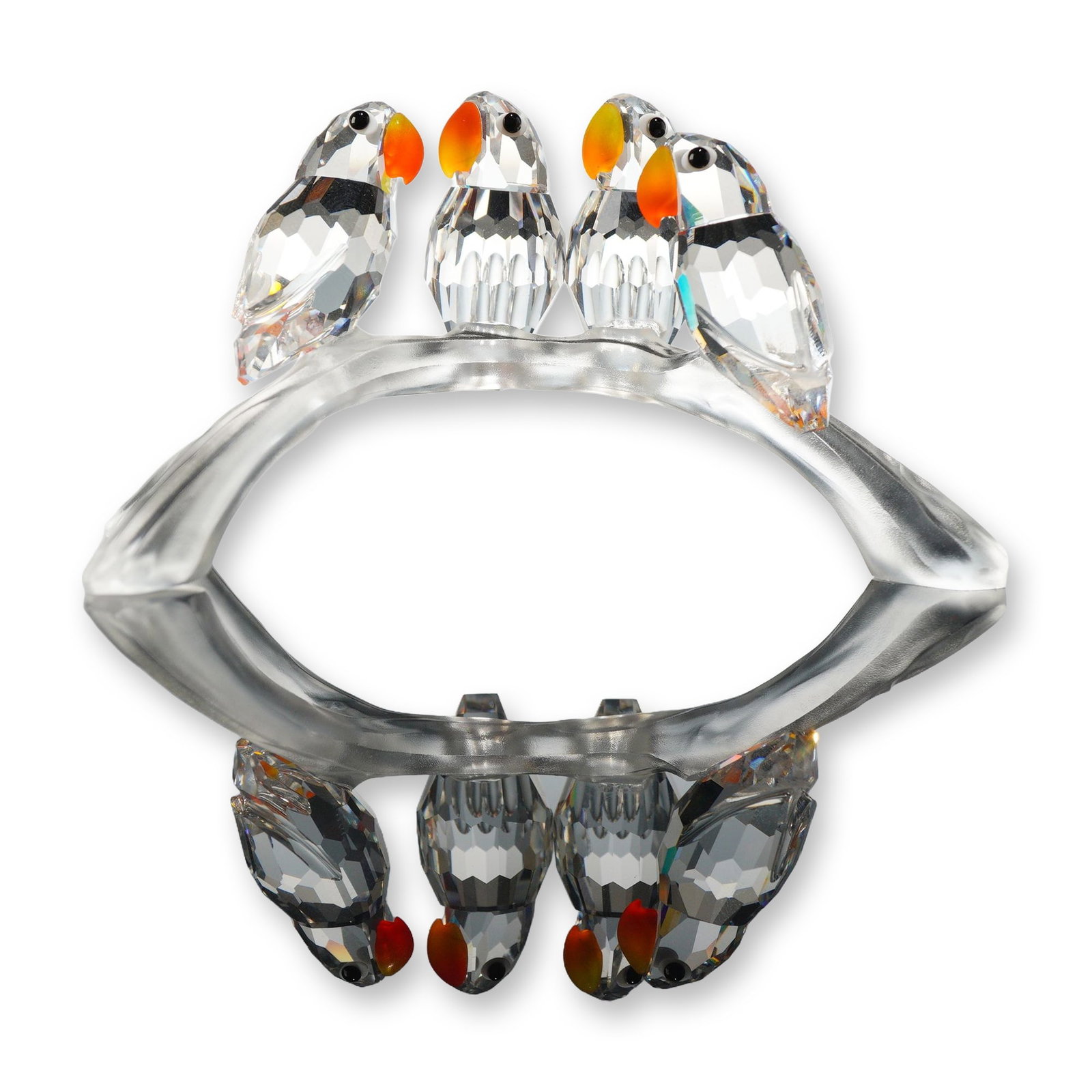 Swarovski Crystal Figurine, Baby Lovebirds on Branch: Swarovski faceted lead crystal figurine, Baby Lovebirds on Branch, from the Silver Crystal collection. The piece features four baby lovebirds with orange and yellow gradient glass beaks and black bead