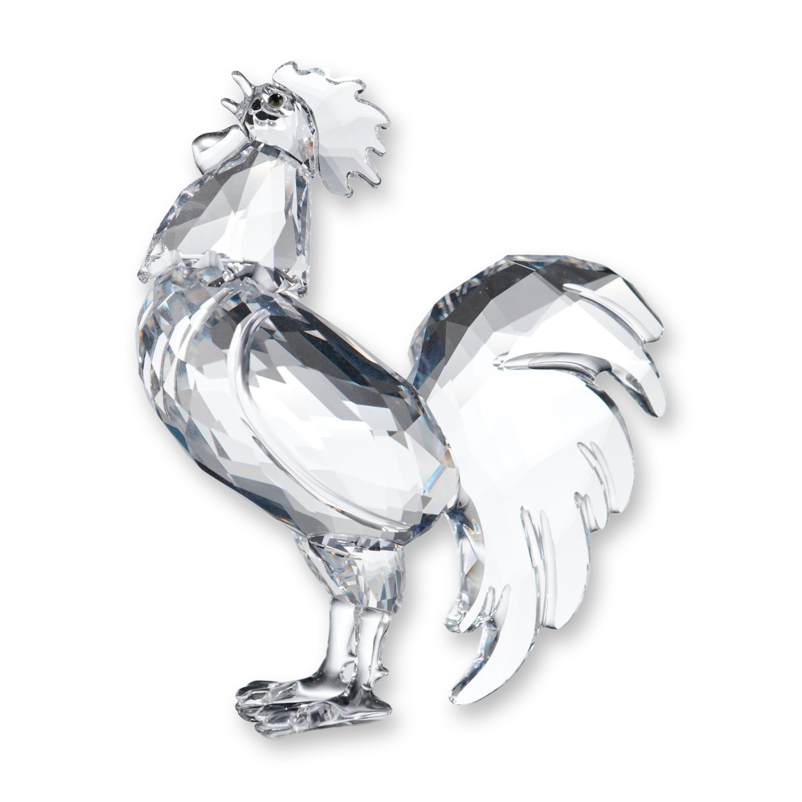 Swarovski Crystal Figurine, Rooster: Swarovski clear crystal rooster figurine featuring a multi-faceted body, prominent tail feathers, a frosted comb and wattle, and black-inlaid eyes. The underside of one foot is marked with the etched 