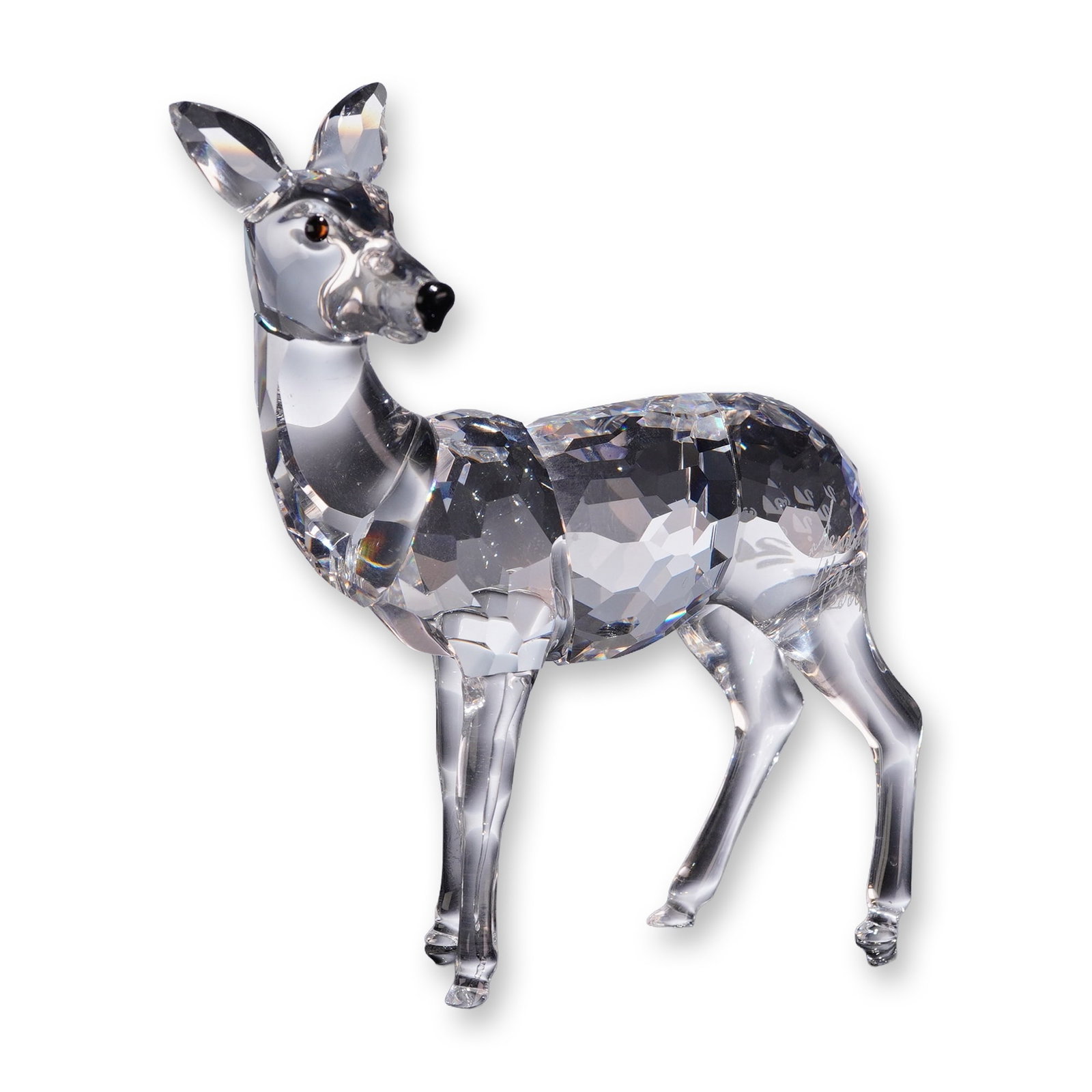 Swarovski Signed Martin Zendron Crystal Doe Figurine: Swarovski crystal doe figurine, model number 247963, designed by Martin Zendron. The lead crystal figure depicts a standing roe deer featuring a faceted body with smooth crystal legs, neck, and head, 
