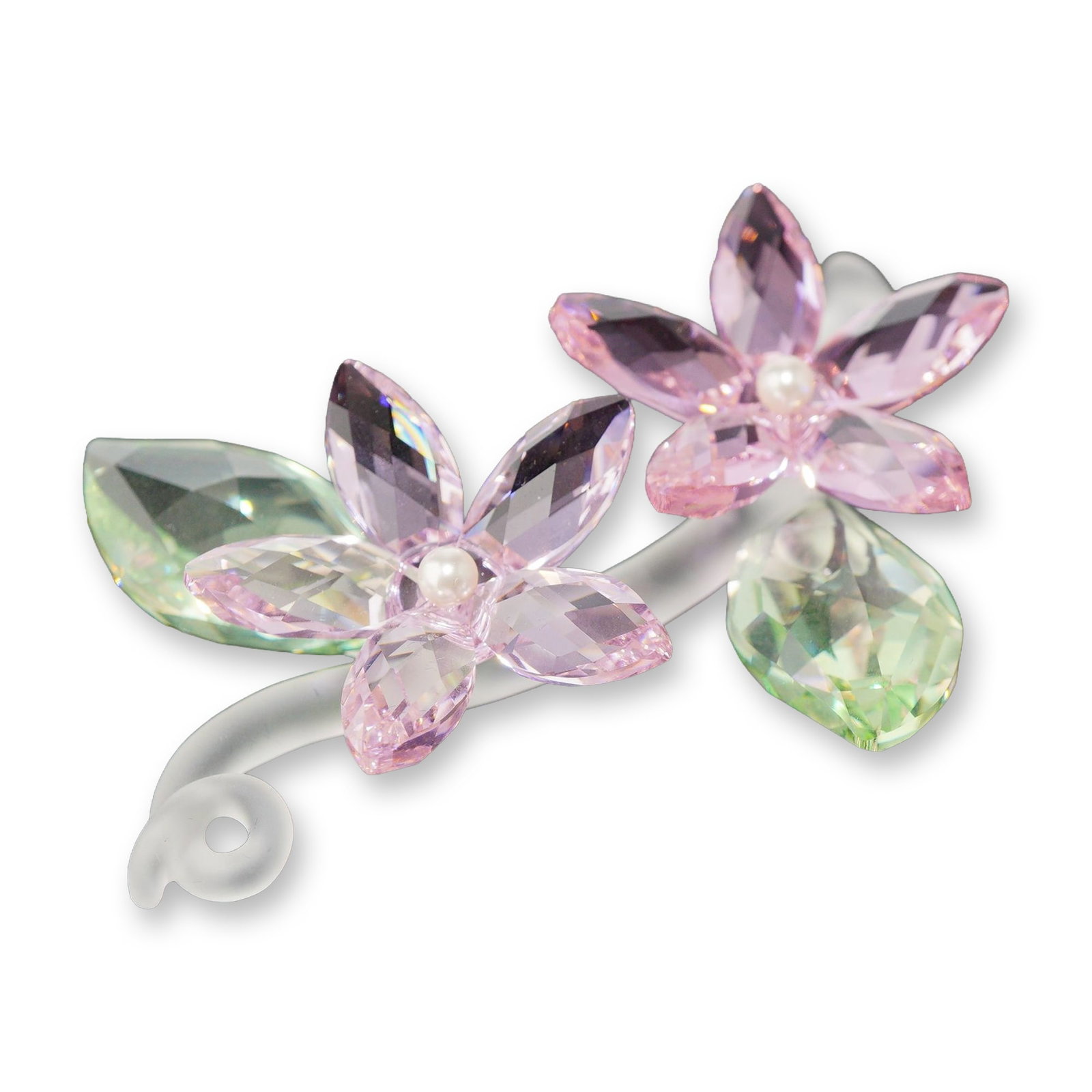Swarovski Crystal Flower Figurine, Jasmine Blossom: Swarovski crystal figurine titled Jasmine, featuring two pink faceted crystal blossoms with simulated pearl centers and two faceted green crystal leaves. The floral arrangement is mounted to a curved 