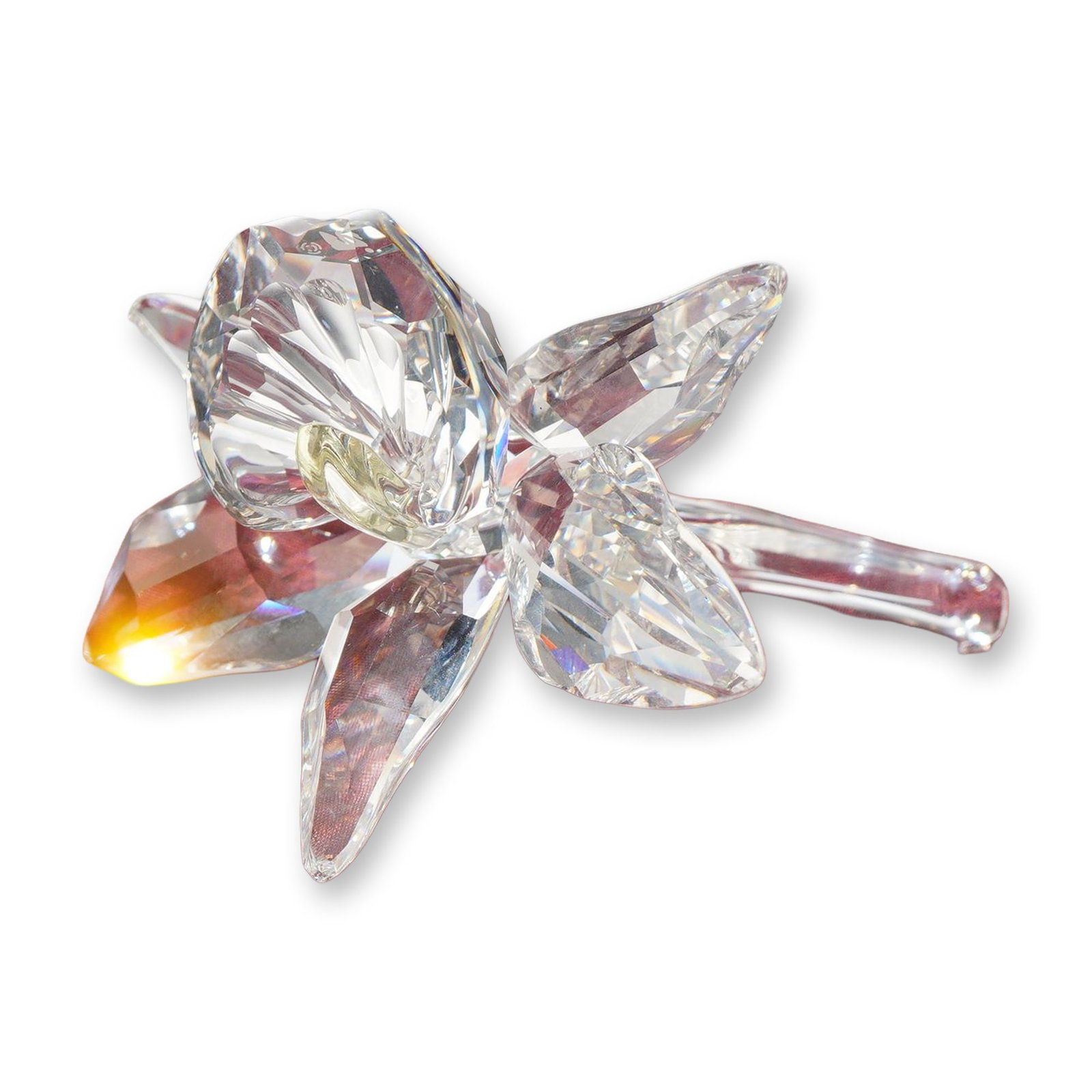 Swarovski Silver Crystal Yellow Orchid Figurine: Swarovski crystal orchid figurine from the Silver Crystal line, depicting a Cattleya orchid with clear faceted petals, a central rippled labellum, and a pale yellow-tinted stamen, terminating in a cur