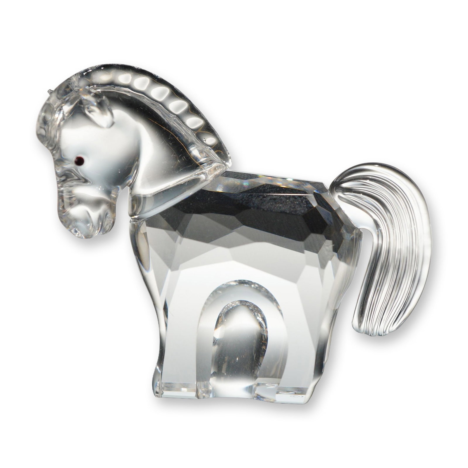 Swarovski Crystal Chinese Zodiac Horse Figurine: Swarovski crystal Chinese zodiac horse figurine, featuring a faceted clear crystal body, molded smooth neck and head, stylized segmented mane, ribbed curved tail, and dark cabochon eyes. Marked with t