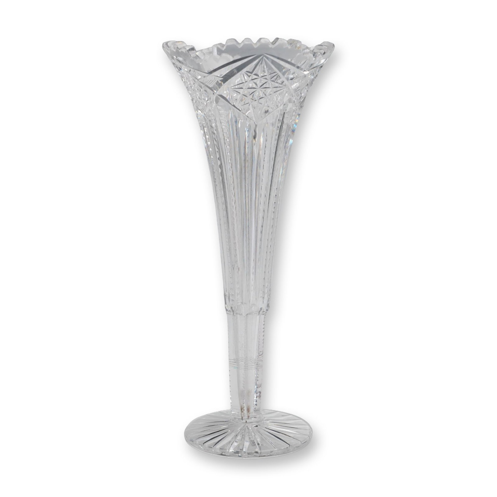 American Brilliant Period Cut Glass Trumpet Vase: American Brilliant Period, late 19th or early 20th century. A trumpet-shaped vase in cut glass. The form features a flared, scalloped sawtooth rim above a body decorated with a band of repeating trian