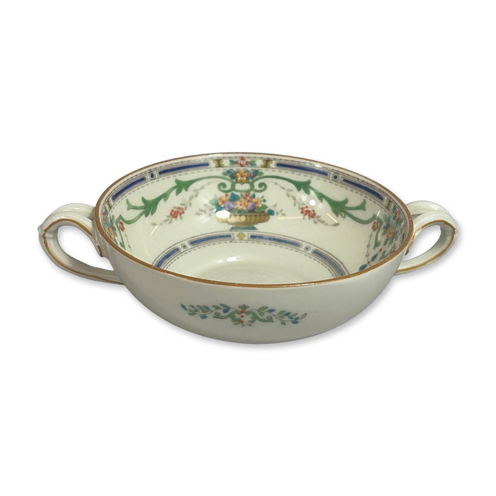 Royal Doulton Ormonde Soup Bowl: Royal Doulton, England. Two-handled soup bowl in the Ormonde pattern, H3191. The bone china vessel features neoclassical decoration with green foliate swags and polychrome baskets containing yellow, b