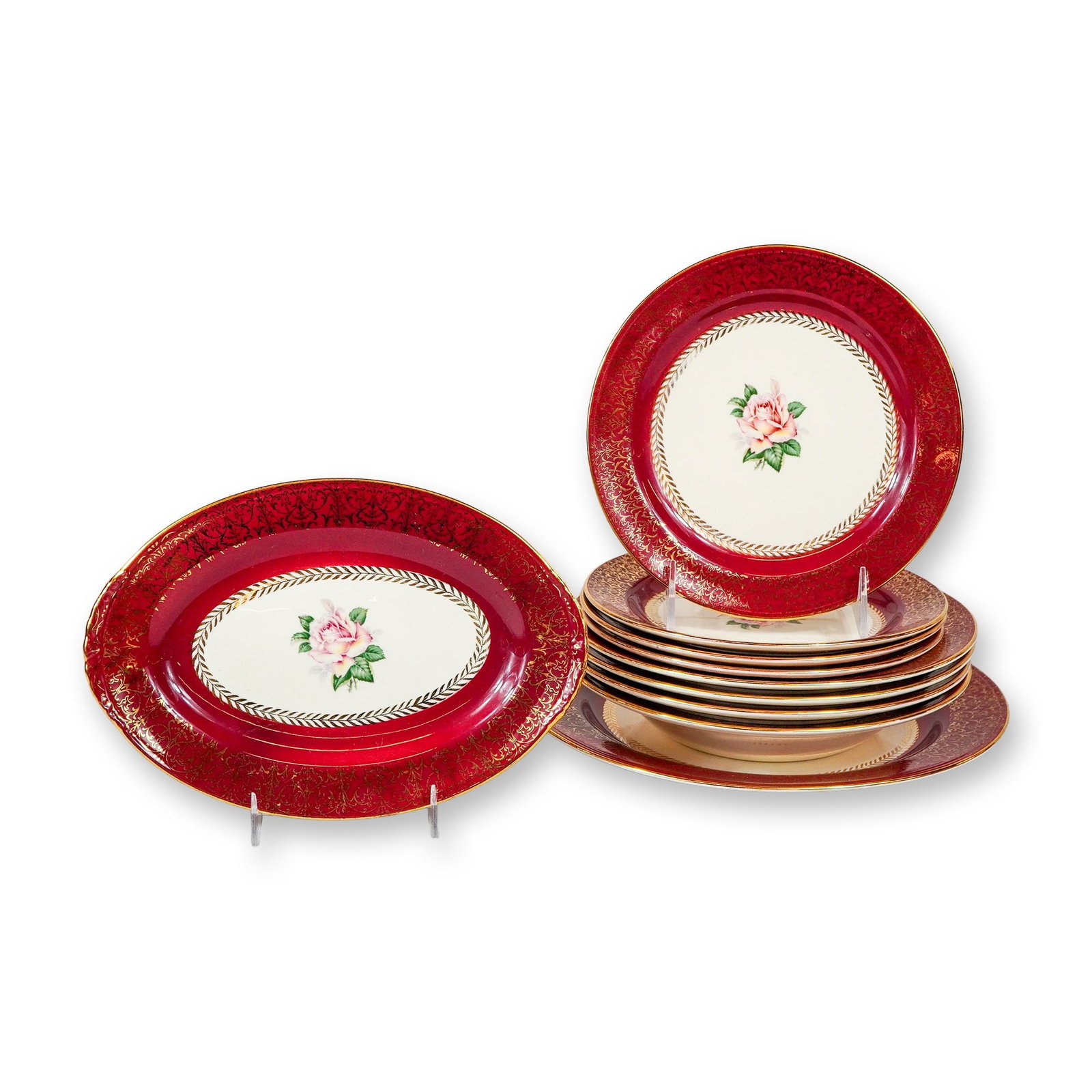 10pc Homer Laughlin Lady Stratford China Grouping: Homer Laughlin China Co. (USA) semi-vitreous earthenware grouping in the Lady Stratford pattern. This 10-piece set includes one plate, one oval serving dish, four bowls, and four dessert plates. Each 