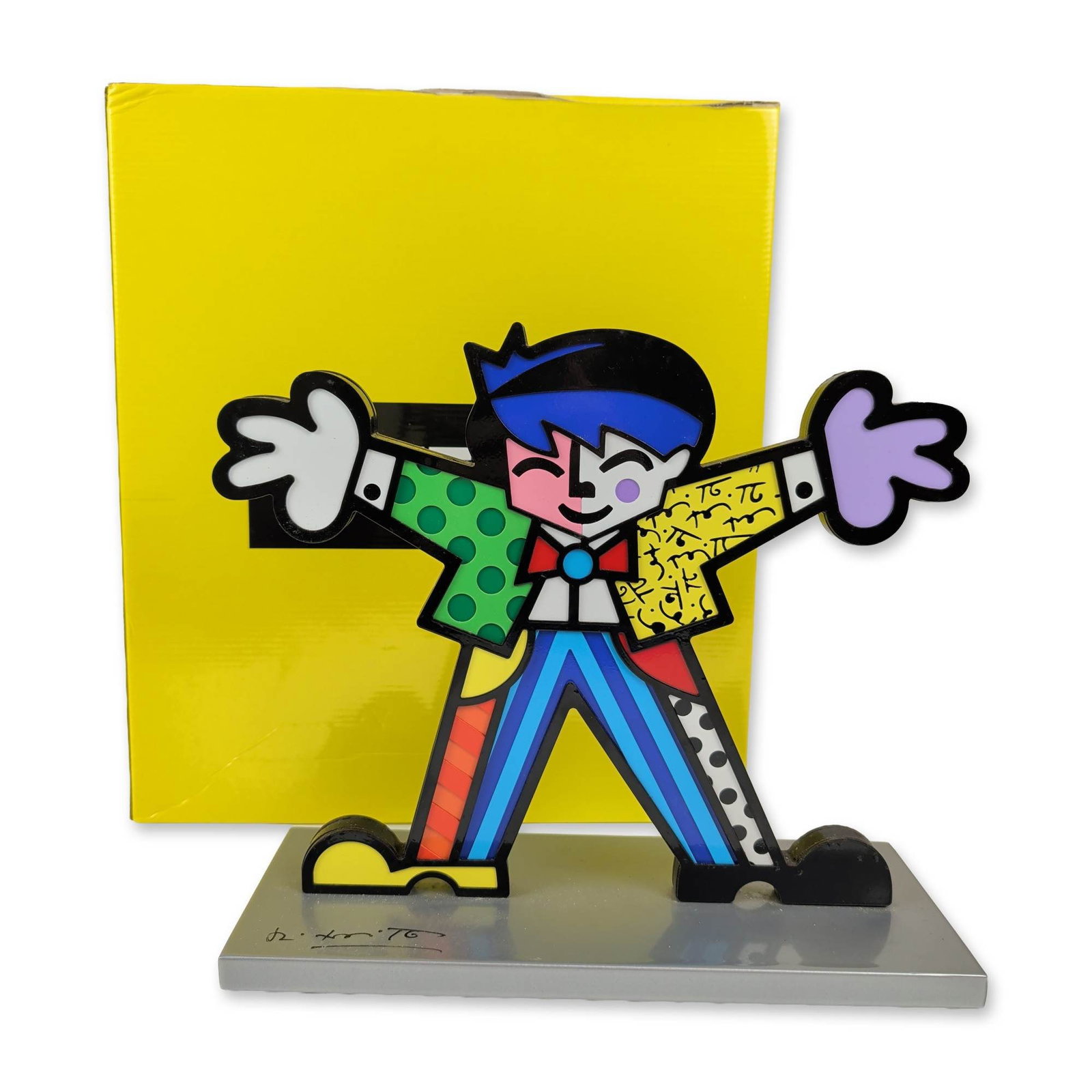 Romero Britto (Brazilian, b. 1963) Big Hug Sculpture, Signed: Romero Britto (Brazilian, b. 1963). Pop Art figure titled Big Hug, in mixed media with a high-gloss finish. The sculpture features a stylized human figure with outstretched arms decorated with bold bl