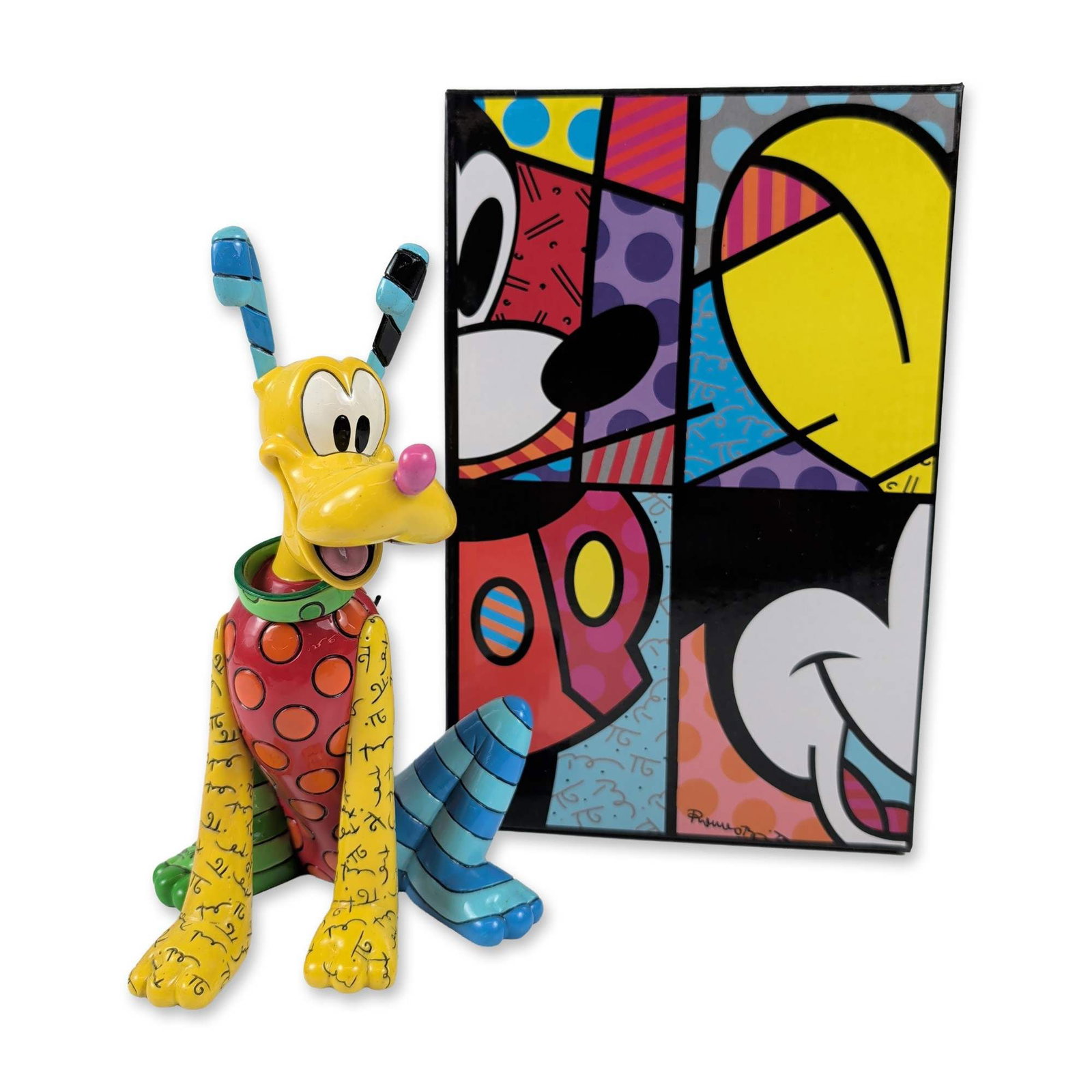 Disney by Britto Pluto Sculpture: Romero Britto (Brazilian, born 1963) for Disney. Pluto figurine in cast stone resin with a high-gloss finish, decorated in the artist signature neo-pop style including vibrant colors, polka dots, stri
