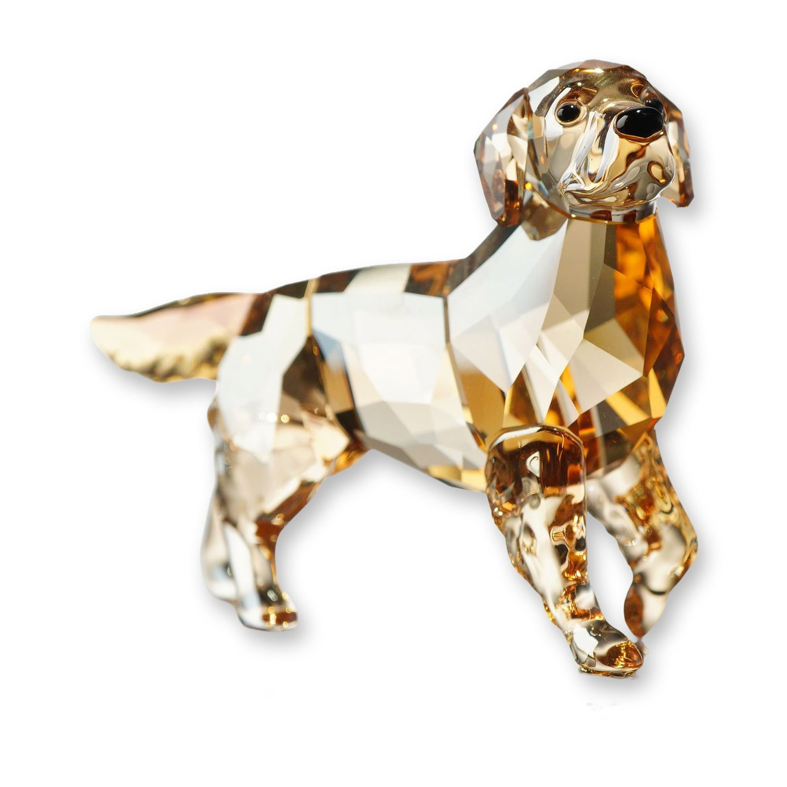 Swarovski Crystal Golden Retriever Mother Figurine: Swarovski crystal figurine, Golden Retriever Mother, model number 1142823. The standing figure is crafted in golden shadow faceted crystal, with molded crystal legs and tail. The eyes and nose are set