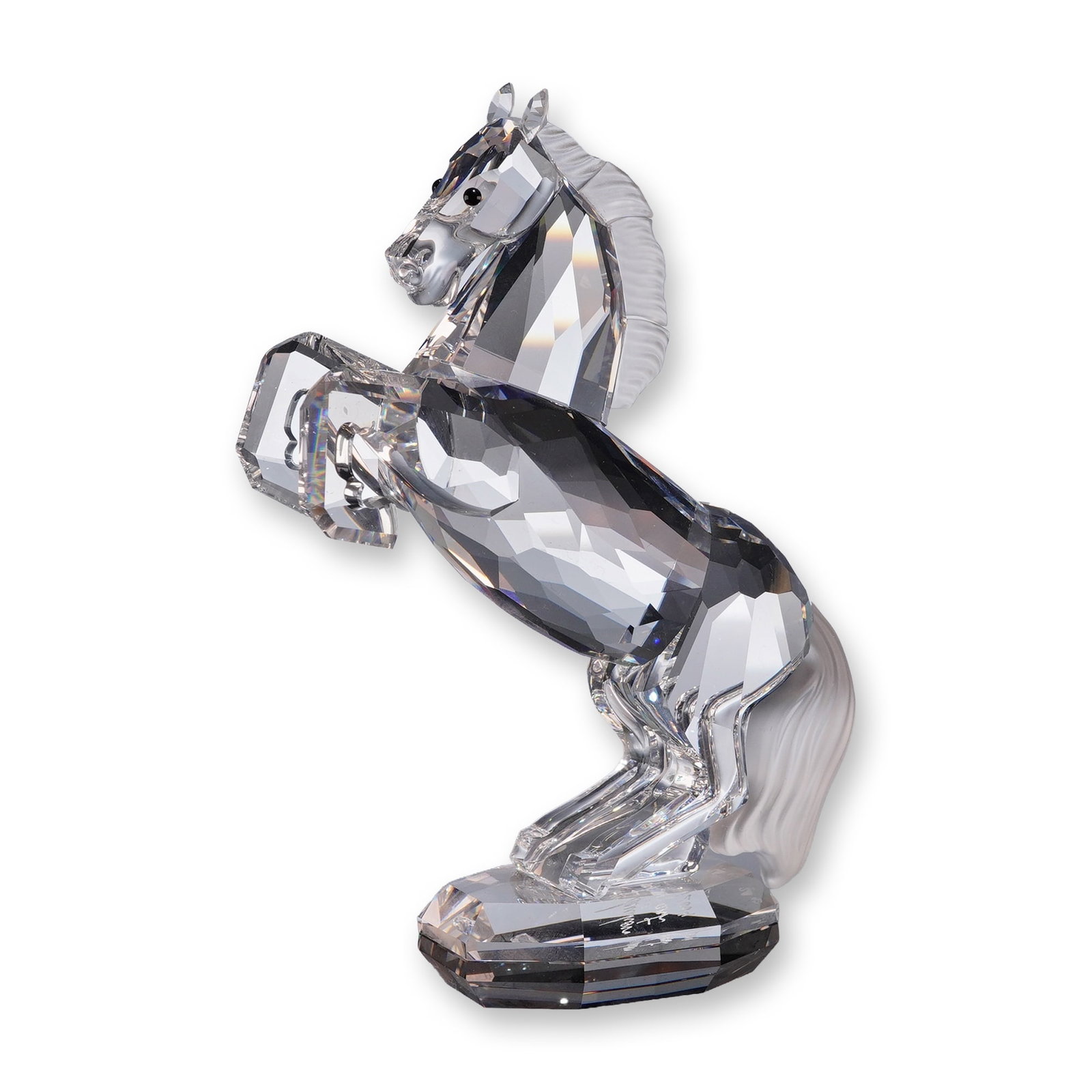 Signed Swarovski Crystal White Stallion Figurine 174958: Swarovski clear and frosted crystal White Stallion figurine, model number 174958, designed by Martin Zendron. The rearing horse features a faceted clear crystal body, a frosted crystal mane and tail, 