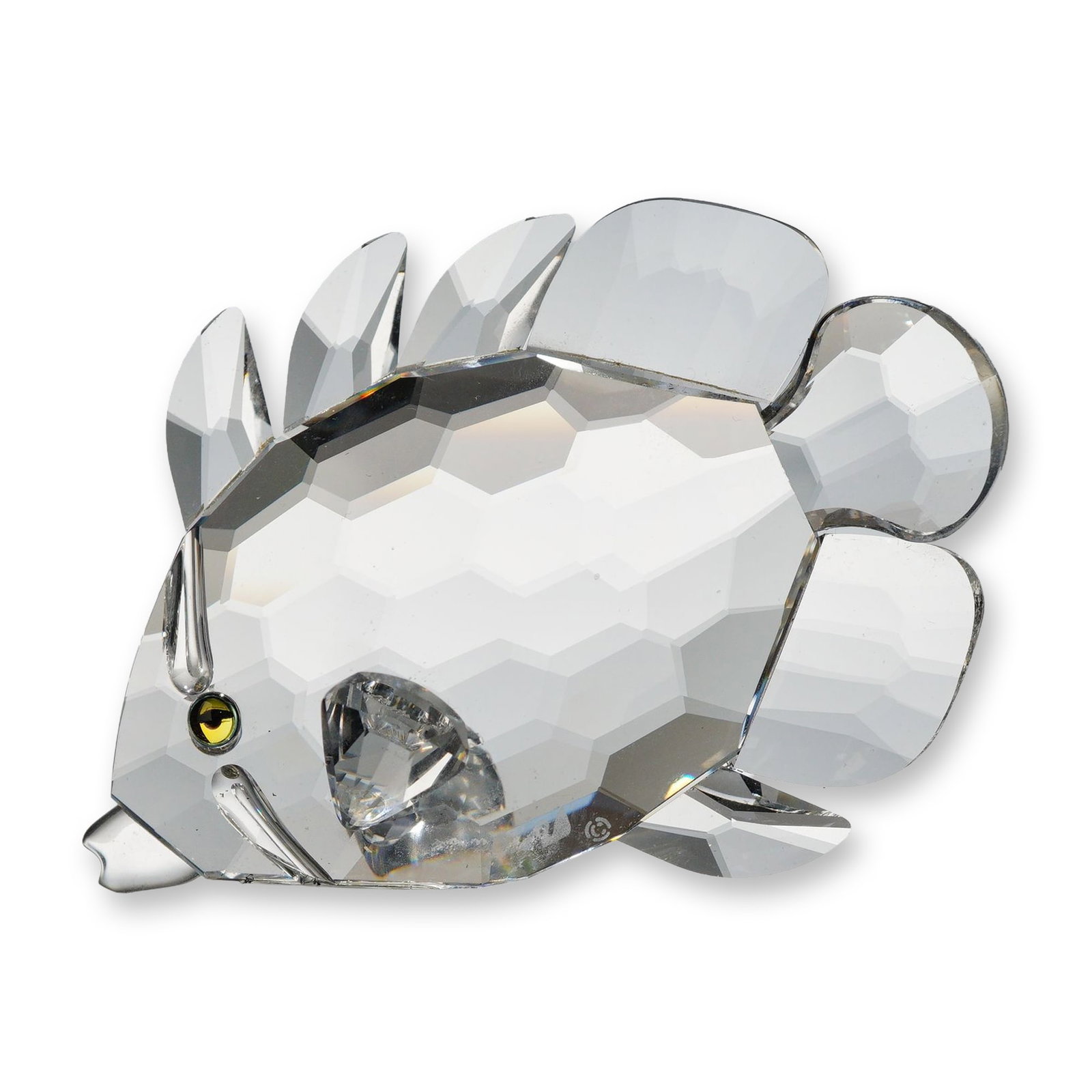 Swarovski Crystal Butterfly Fish on Coral Figurine: Swarovski Silver Crystal butterfly fish on coral figurine. The faceted clear lead crystal fish features inset yellow and black crystal eyes and is mounted on a textured frosted crystal base simulating