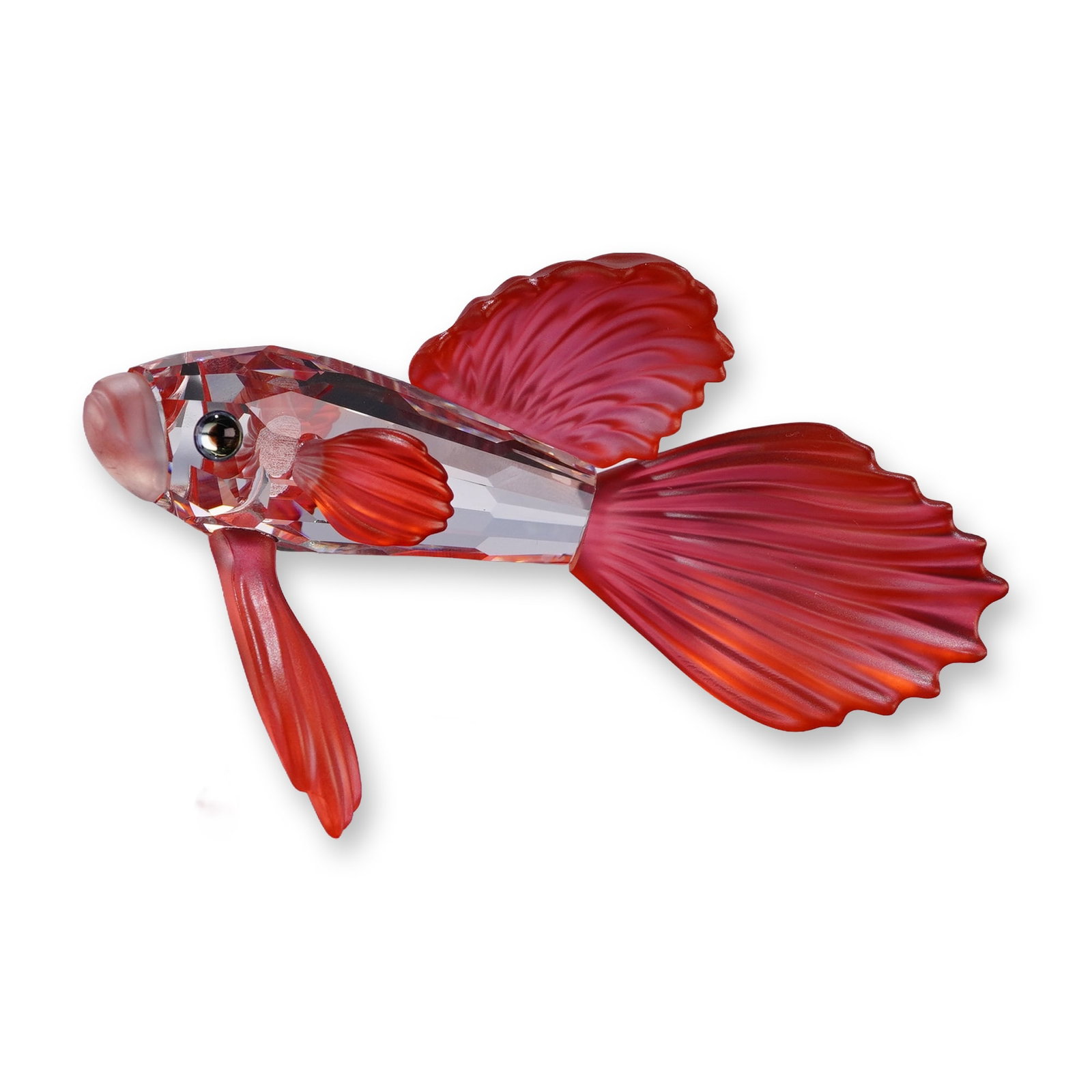 Swarovski Crystal Figurine, Red Siamese Fighting Fish: The piece features a faceted clear lead crystal body with satin frosted, vibrant, red-colored crystal fins and tail, and small dark-colored eyes. Marked with the etched Swarovski swan logo on the clea