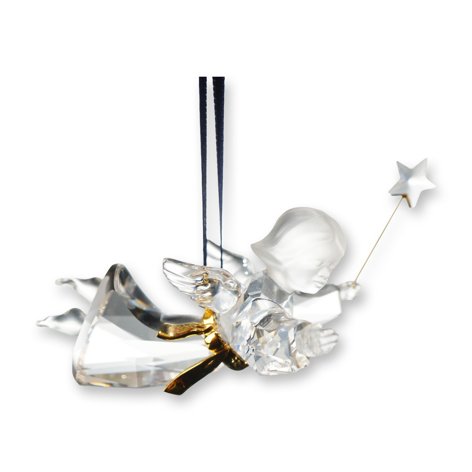 Swarovski Crystal Angel Ornament 2013: Swarovski (Austria). Angel Ornament Annual Edition 2013 in faceted and frosted lead crystal, featuring a flying angel figure with frosted head, faceted body, and wings. Detail includes a gold-tone