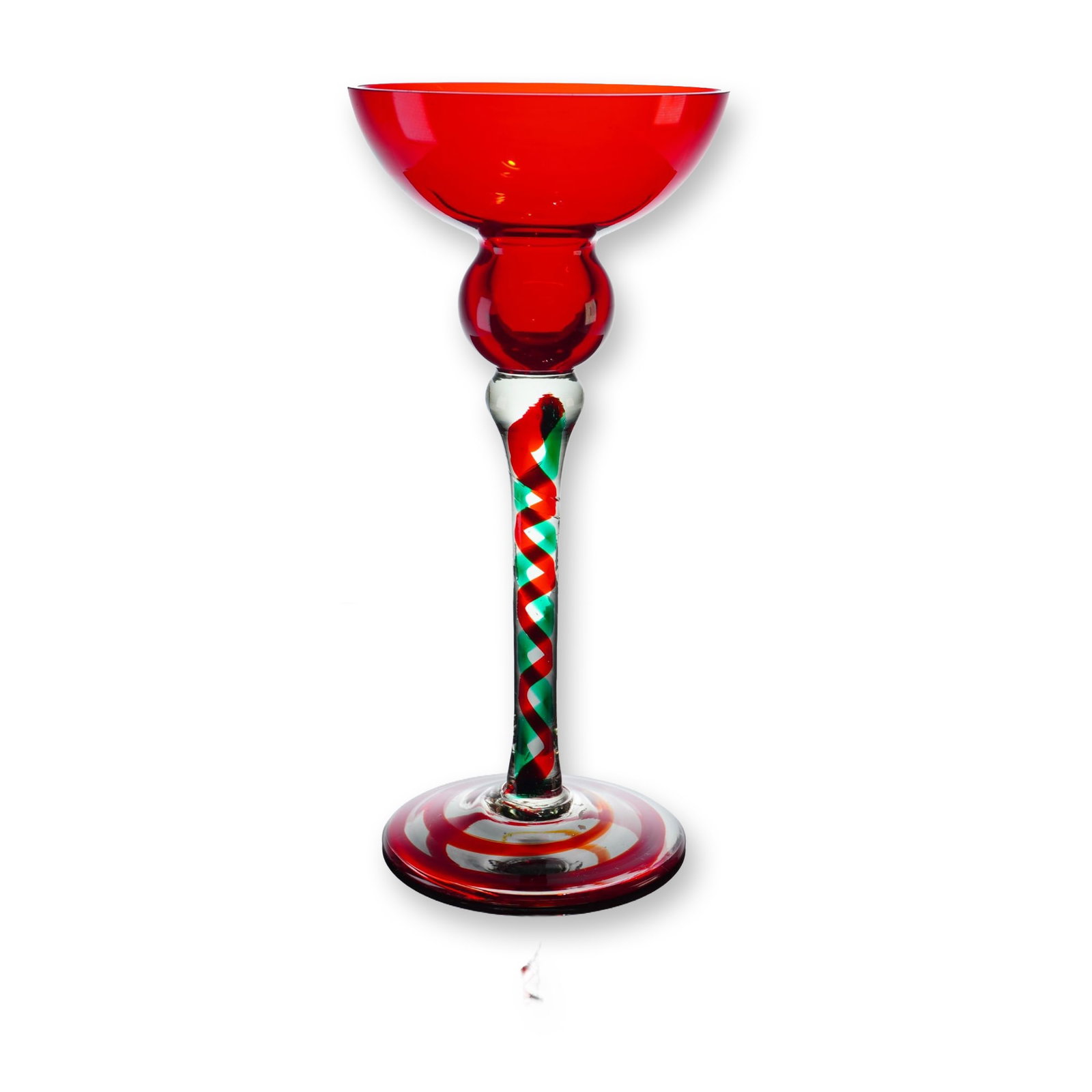 Polish Art Glass Red and Green Spiral Candlestick Holder: This large hand-blown Polish art glass candlestick holder features a wide, flared bobeche in a vibrant red color, supported by a matching red spherical knop. The clear glass stem contains an intricate