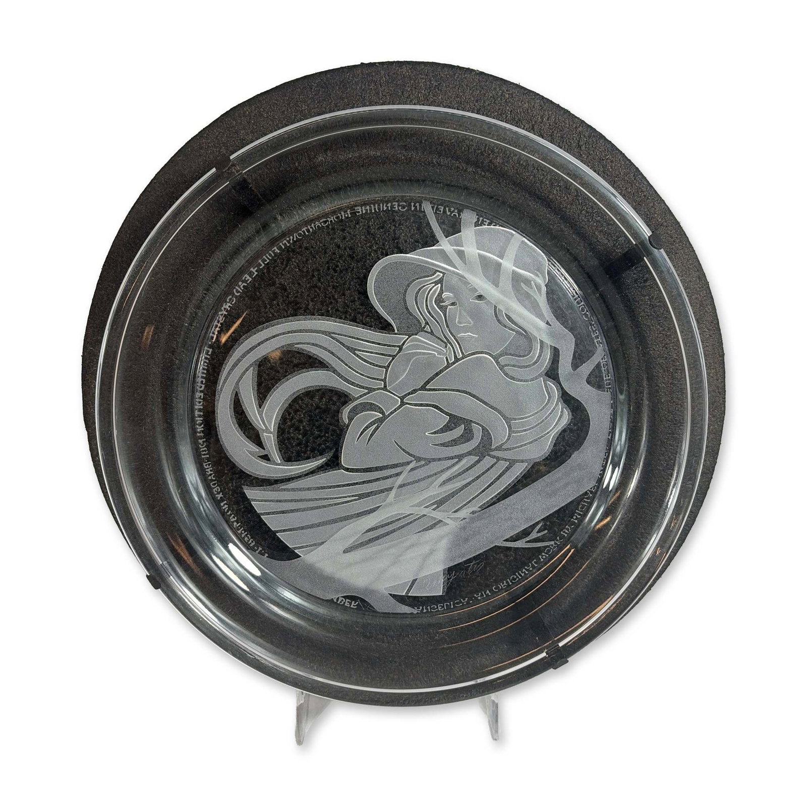 Michael Yates Morgantown Crystal Angelica Collector Plate: Michael Yates for Morgantown Crystal. Intaglio etched crystal collector plate titled Angelica first in the Country Ladies series. The design features a stylized Art Nouveau-influenced female profile