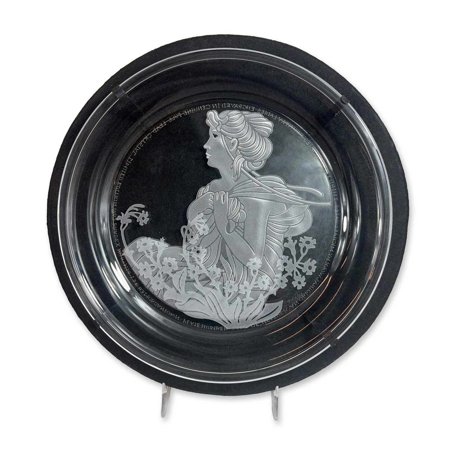Michael Yates Morgantown Crystal Plate Heather: Michael Yates for Morgantown Crystal. Intaglio etched crystal collector plate titled Heather third in the Country Ladies series. The design features a stylized Art Nouveau-influenced female profile