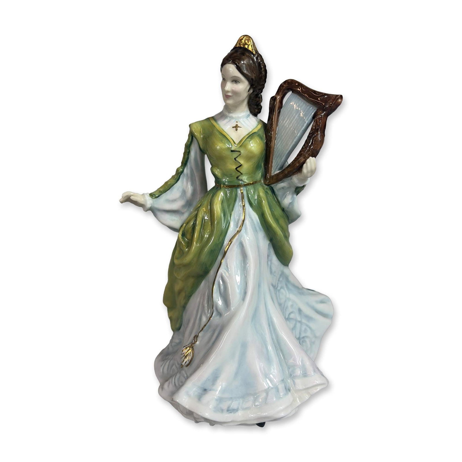 Royal Doulton Ladies of the British Isles Ireland Figurine: Porcelain figurine titled Ireland from the Ladies of the British Isles series, HN 3628, copyright 1994. The hand-painted bone china figure depicts a standing woman in a lime-green bodice and flowing l