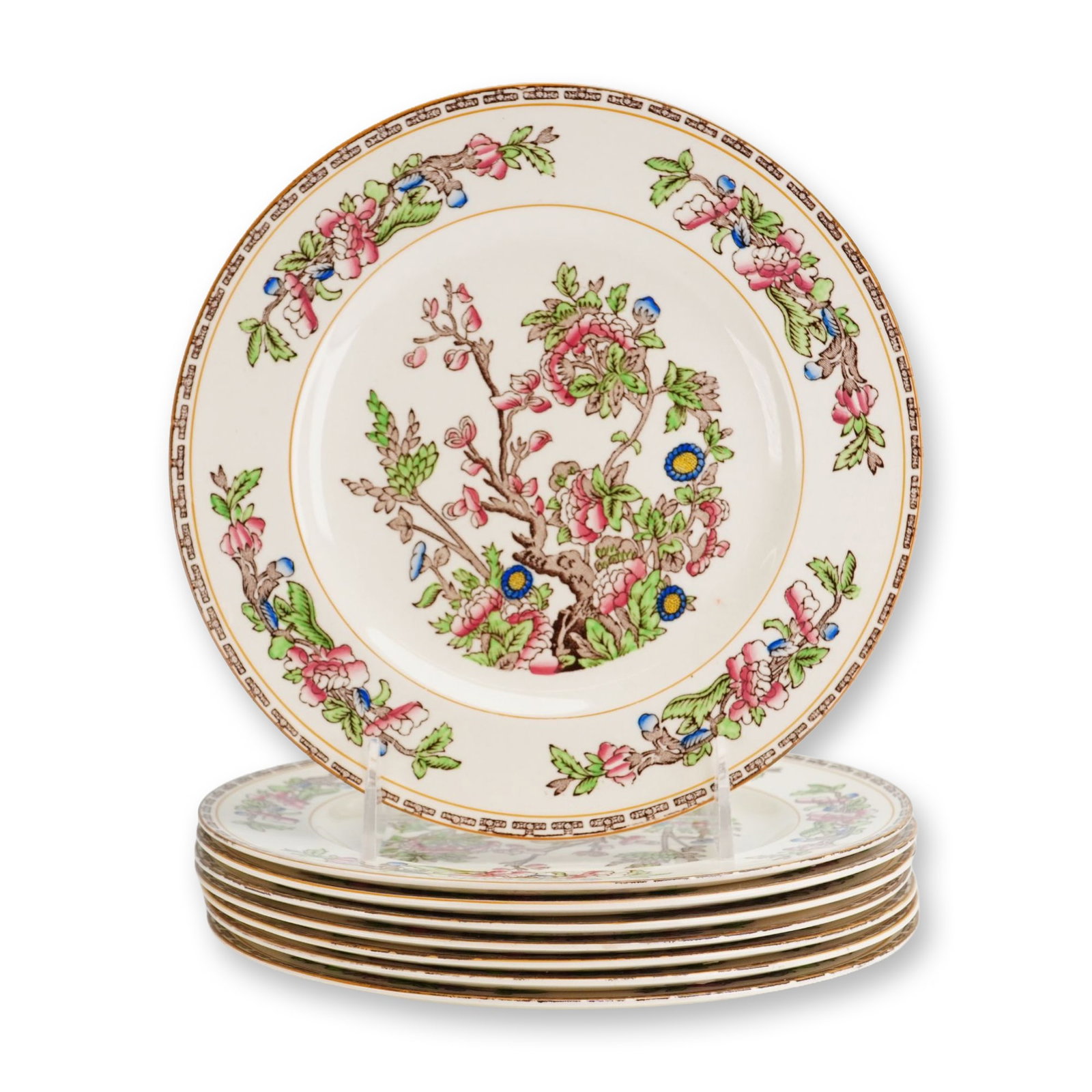 Set of Eight Alfred Meakin Indian Tree Plates: Alfred Meakin, England. Set of eight earthenware plates in the Indian Tree pattern. The design features transfer-printed brown outlines with hand-painted polychrome enamel fills in shades of pink, gre