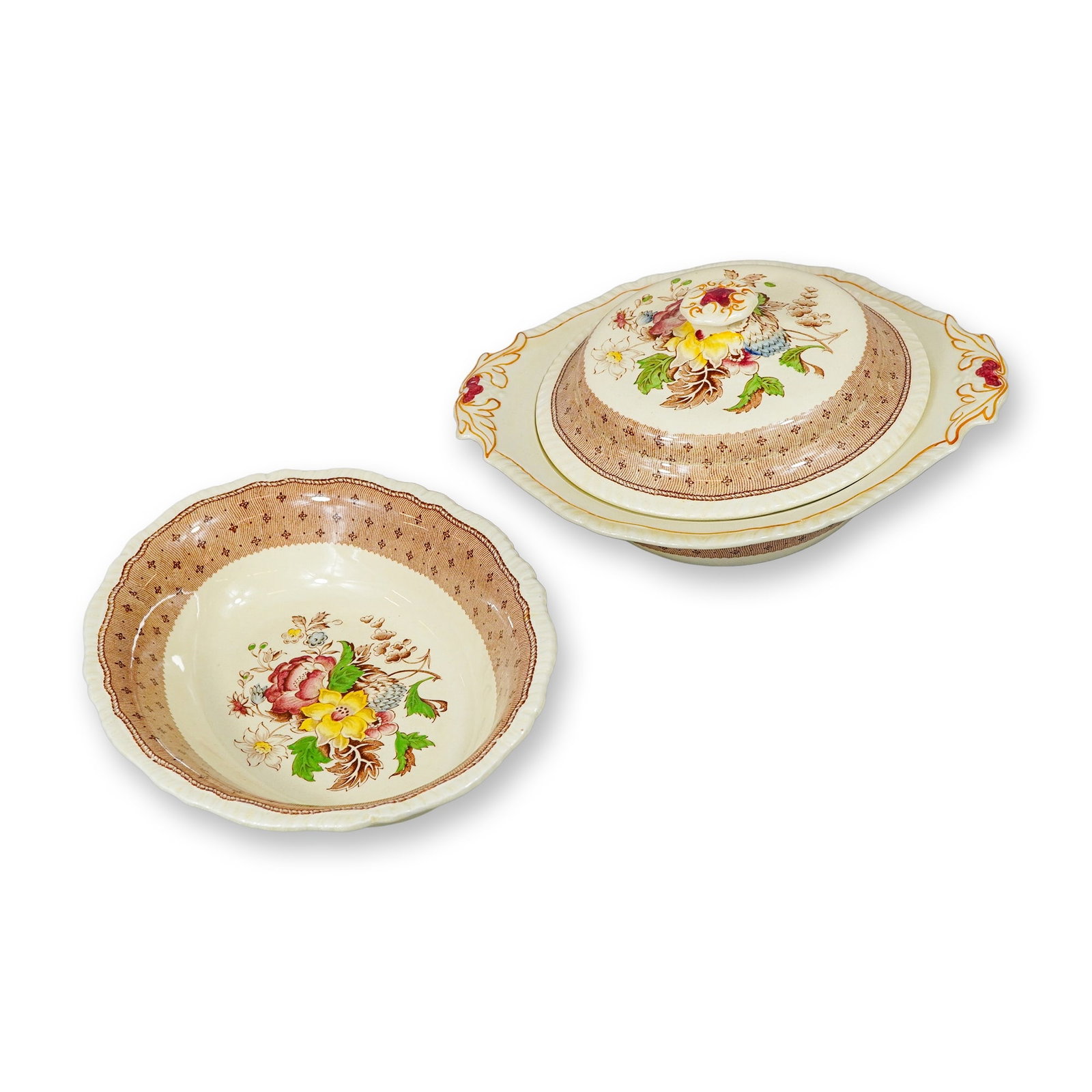 2pc Ridgways Plymouth Pattern Earthenware Lidded Bowl and Serving Dish (1 of 3)