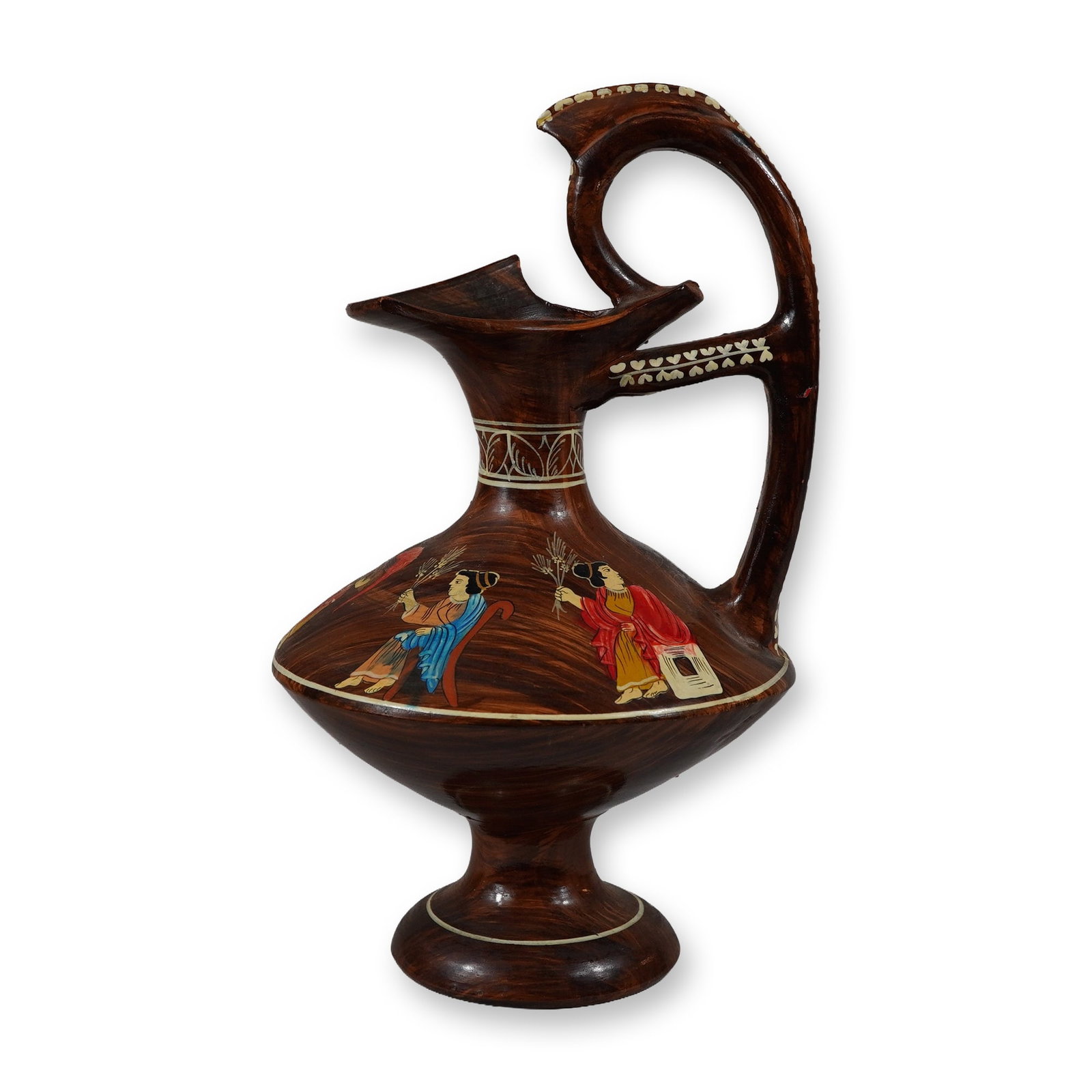 Ceramic Greek Hand-Painted Olive Oil Pitcher with Faux-Wood Finish: This ceramic ewer, or oinochoe, is a contemporary piece of Greek earthenware designed in a classical revival style. The vessel features a bulbous body with a sharp carination, a slender neck, and a