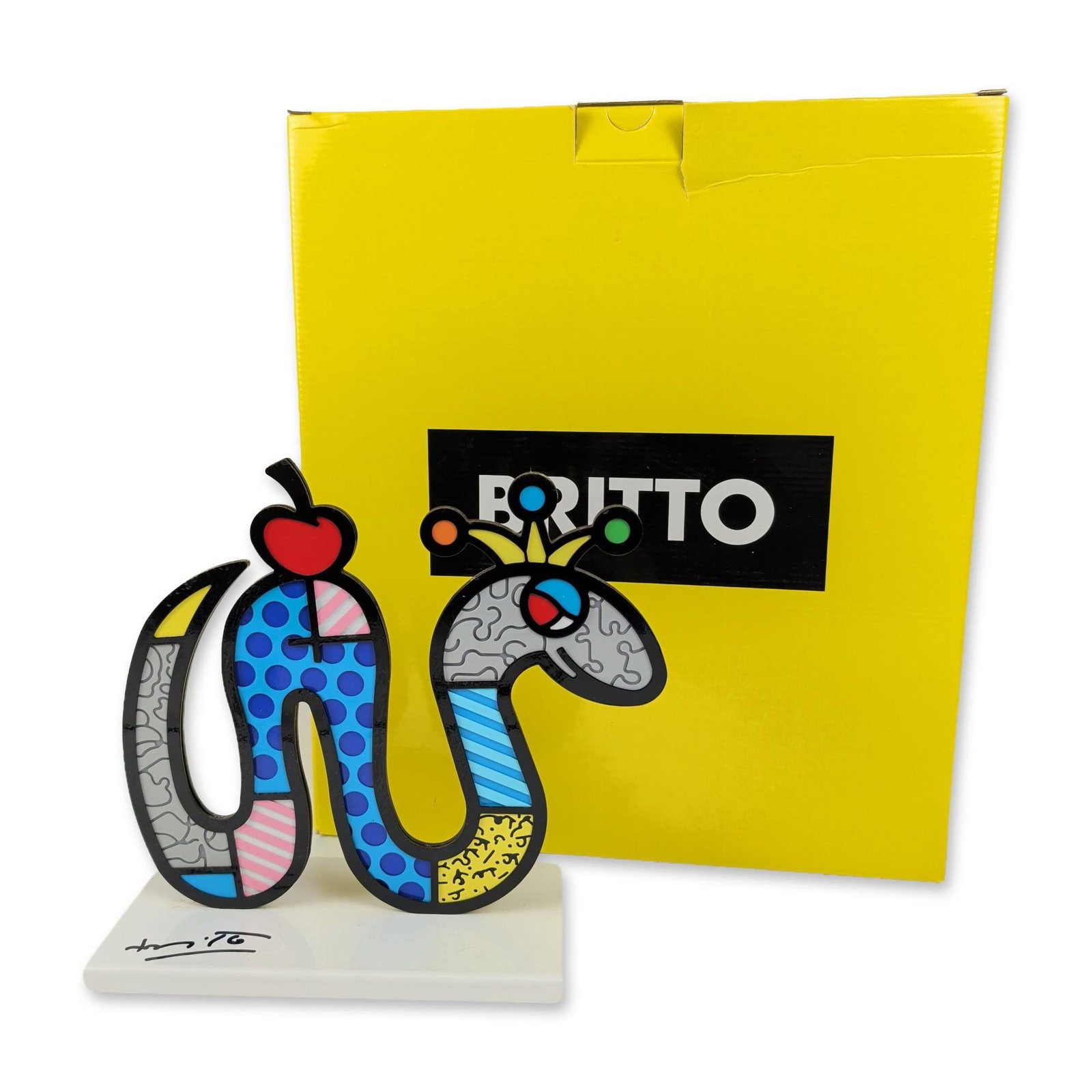 Romero Britto (Brazilian, b. 1963) Sculpture, Tiny Temptation Polystone Snake, Signed: Romero Britto (Brazilian/American, b. 1963). Tiny Temptation polystone sculpture depicting a stylized snake in an S-curve. The figure is decorated with the artist's signature pop art patterns, includi
