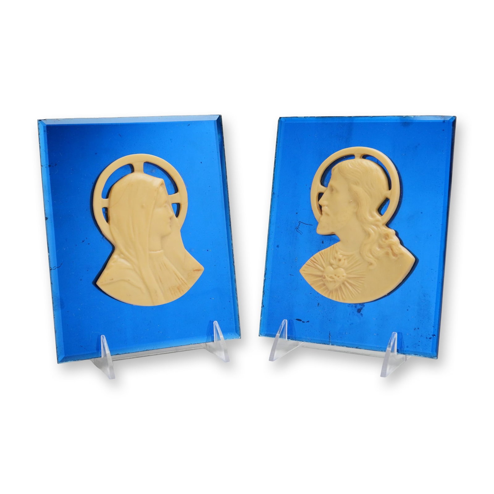 Pair of Art Deco Jesus and Mary Blue Mirror Plaques (1 of 3)