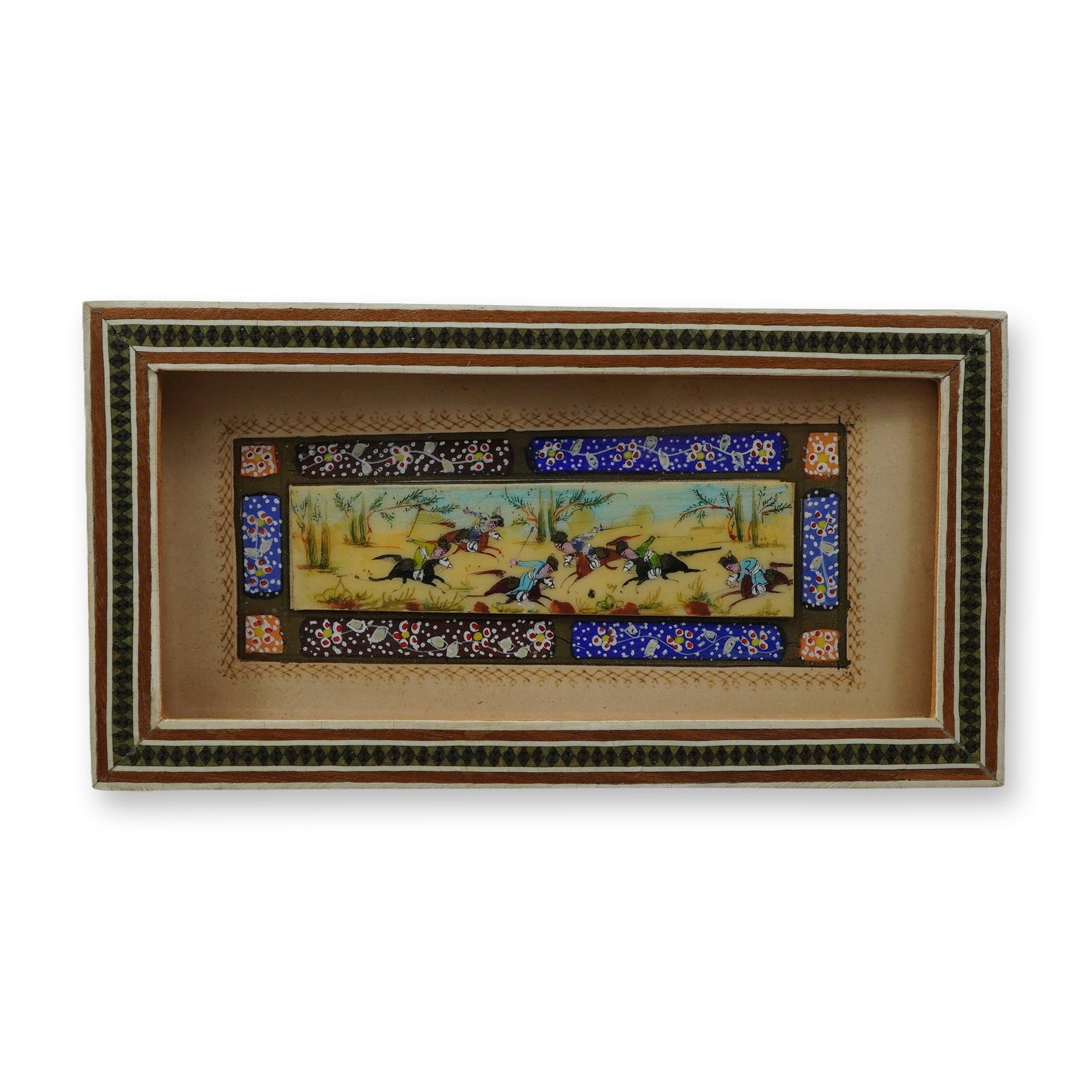 Persian Khatam-kari Framed Miniature Hand Crafted Painting on Bone Depicting a Polo Match (1 of 4)
