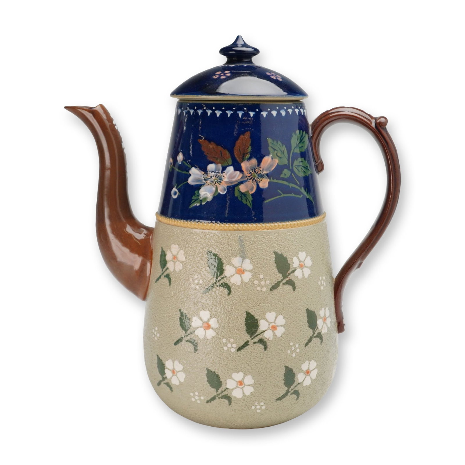 Lovatt Langley Mill Stoneware Teapot with Floral Decoration: This Lovatt Langley Mill stoneware teapot features a tall, tapered cylindrical form with a high shoulder and a matching lid. The vessel is decorated with a dual-register scheme separated by a raised, 
