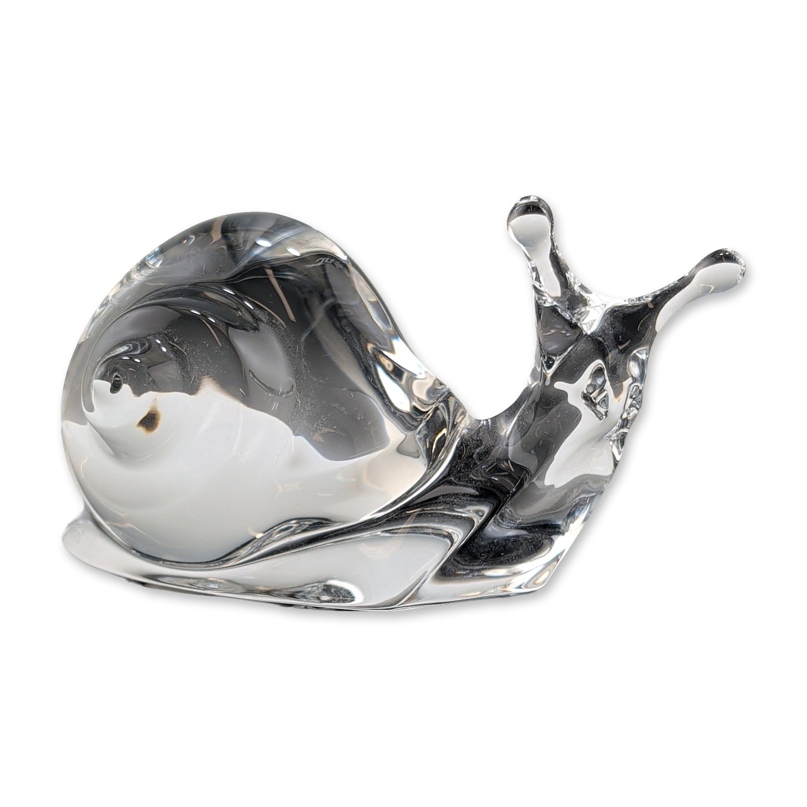 Baccarat France Stylized Clear Crystal Snail Figurine: Baccarat Snail figurine in clear lead crystal, featuring a stylized modernist form with a spiraled shell and two extended tentacles. The base bears a circular acid-etched maker's mark Baccarat and Fra