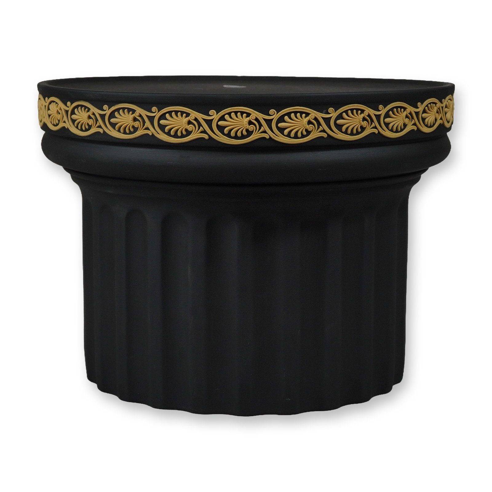 Wedgwood Library Collection Black and Cane Jasperware Column Pedestal: This cylindrical fluted pedestal is from the Wedgwood Library Collection. It is constructed from matte black basalt-style stoneware with applied pale yellow jasperware relief decoration in a shade com