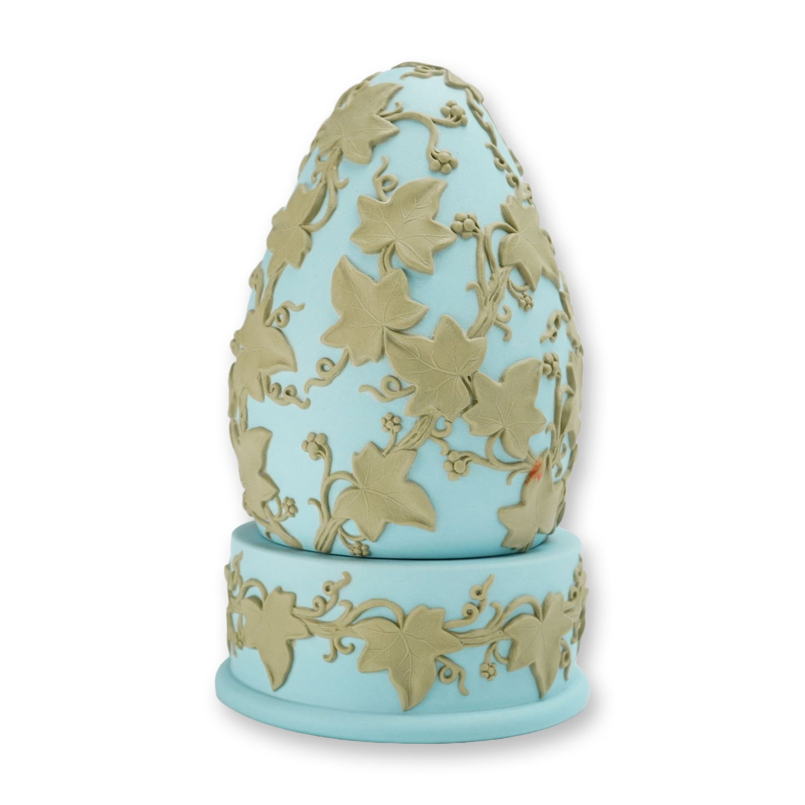 Wedgwood Signed P.E. Harper Ivy Leaf Embossed Jasperware Egg and Pedestal Base: This Wedgwood jasperware set consists of two pieces: a large egg and a coordinating low cylindrical pedestal base. The set is crafted from pale blue stoneware with a matte finish, featuring olive-gree