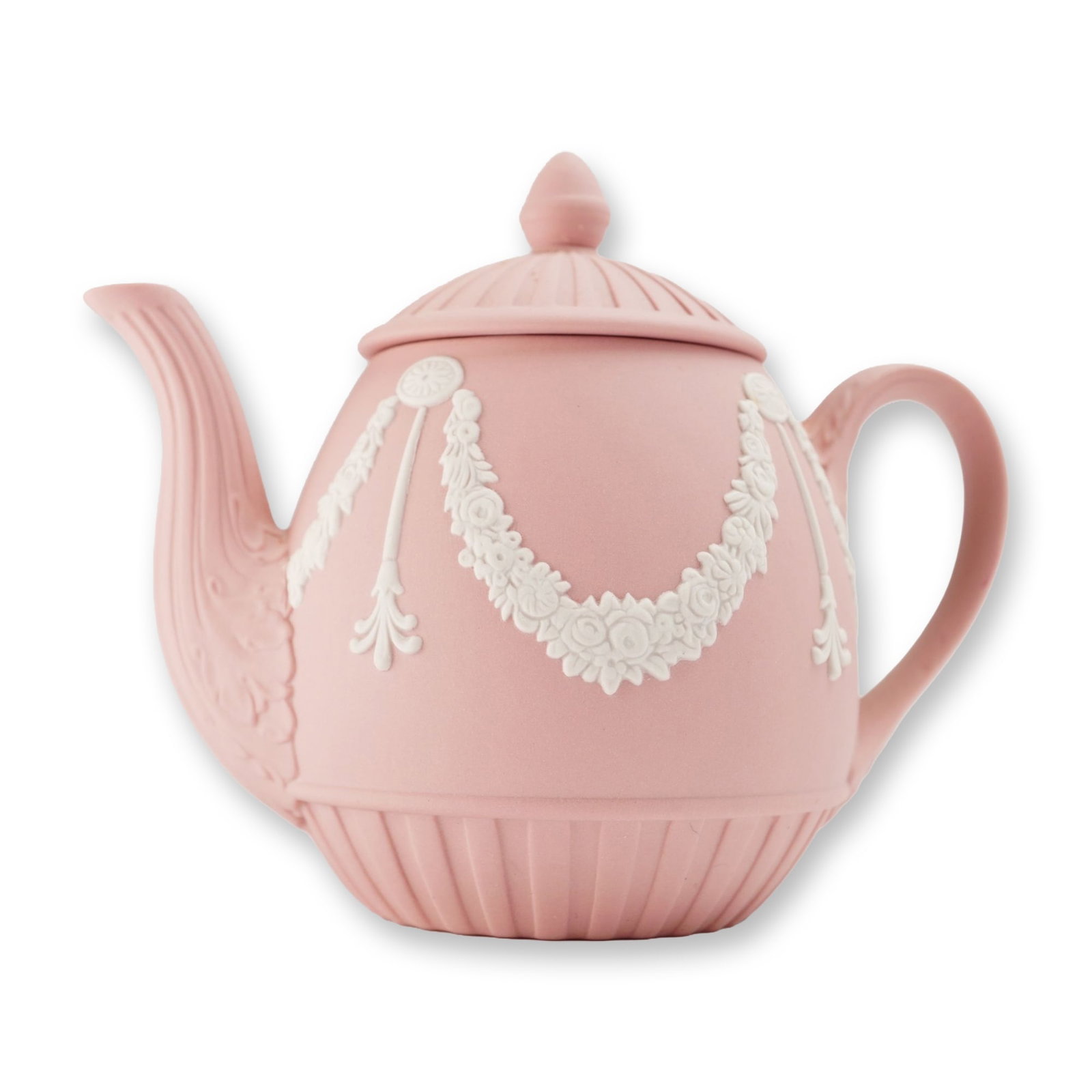 Wedgwood Pink Jasperware Miniature Lidded Teapot: A miniature Wedgwood Jasperware teapot featuring a pink stoneware body with white sprigged relief decoration in a Neoclassical style. The globular body is ornamented with draped floral garlands suspen