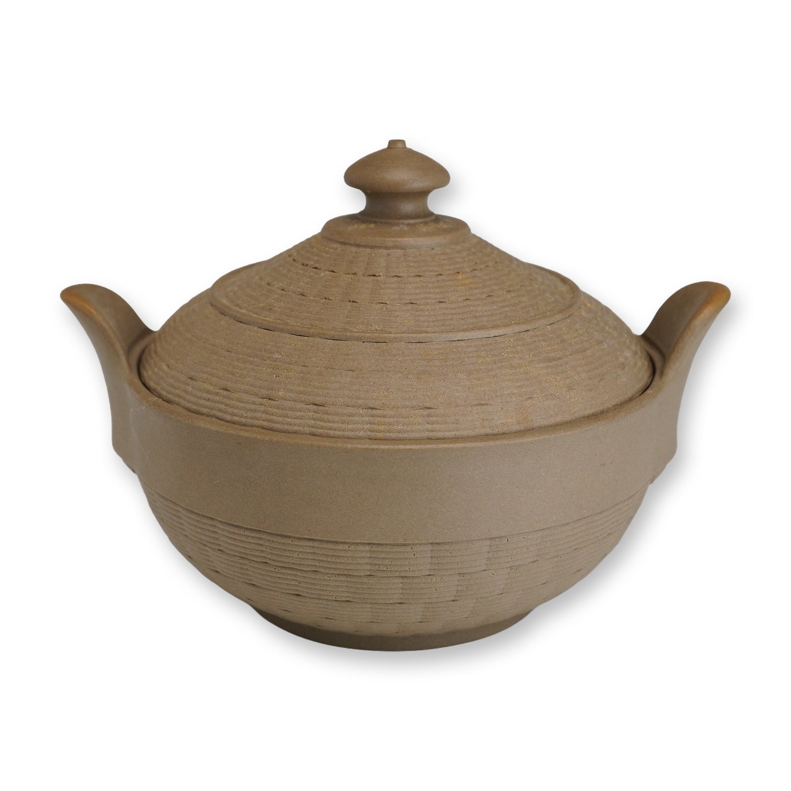 Wedgwood Caneware Basketweave Lidded Pot: This lidded clay pot is a Wedgwood caneware pot dating from the early 19th century. The piece is made of buff-colored, unglazed stoneware and features a detailed engine-turned basketweave pattern acro