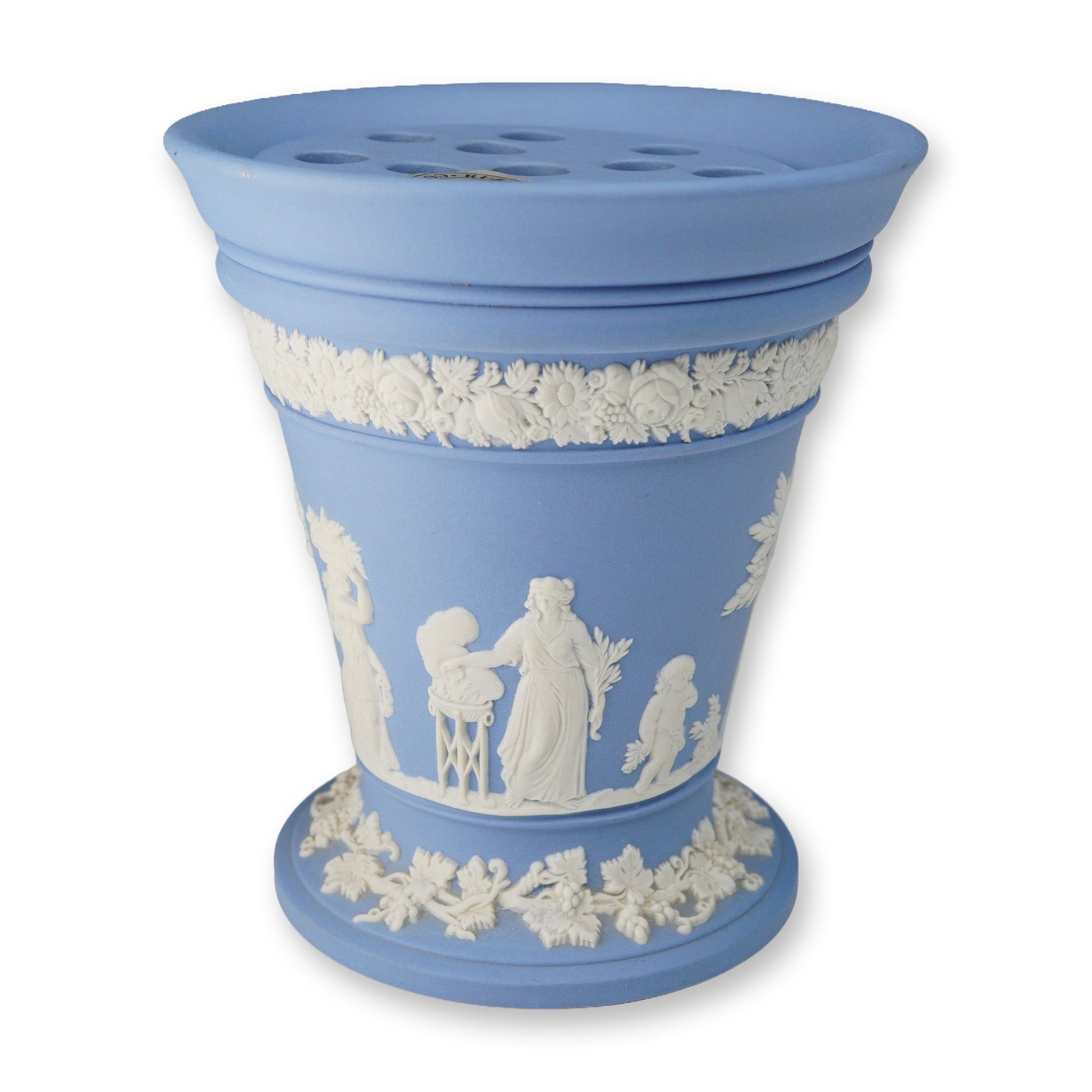 Wedgwood Pale Blue Jasperware Flower Frog Vase, 1961: This Wedgwood Jasperware flower frog vase was produced in England in 1961. The item consists of two parts: a tapered vessel with a flared rim and pedestal foot, and a flat, removable insert with circu