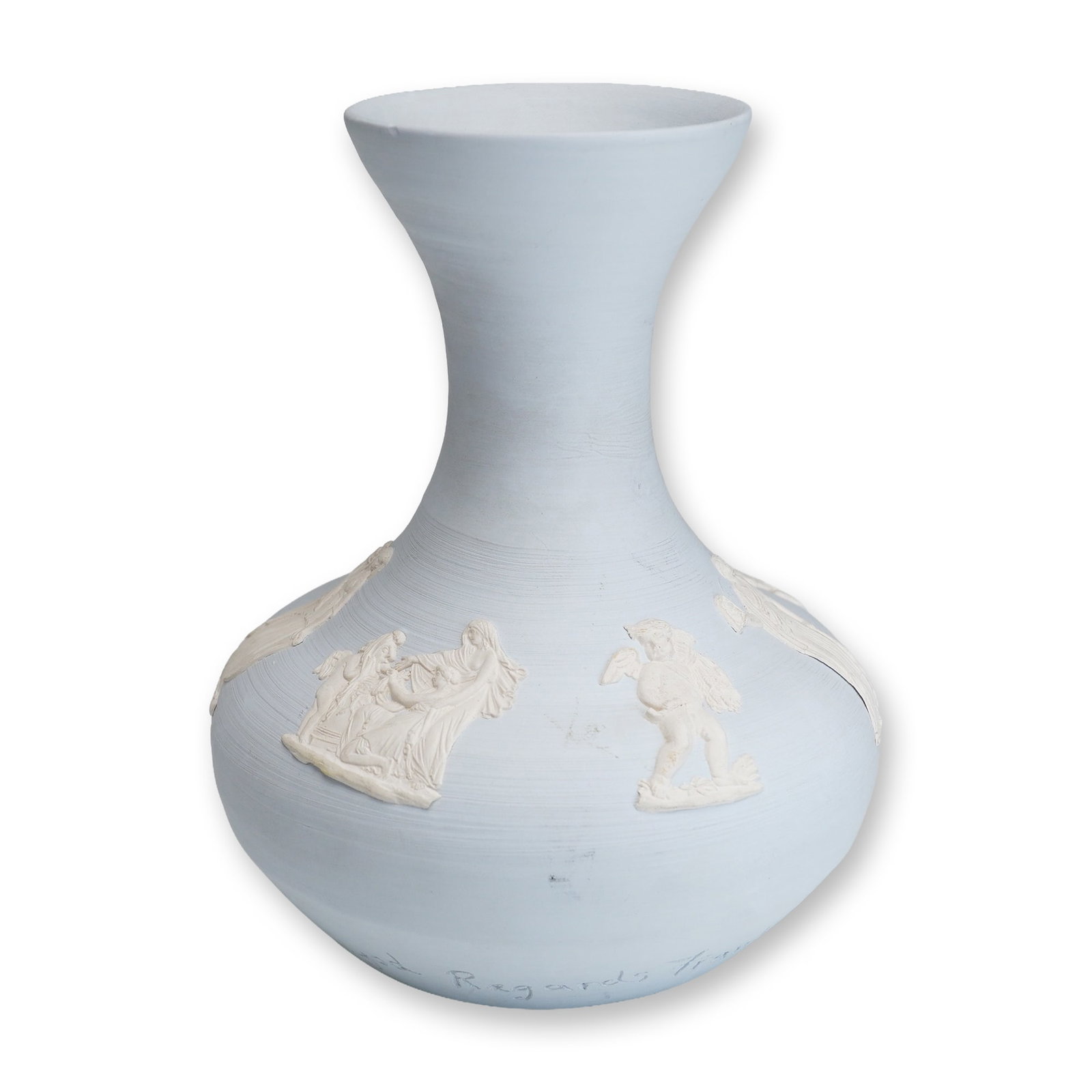 Inscribed Wedgwood Light Blue Jasperware Neoclassical Vase with Provenance: A Wedgwood light blue jasperware stoneware vase featuring a globular body and a wide, flared neck. The exterior is decorated with applied white sprigged reliefs in a neoclassical style, depicting vari