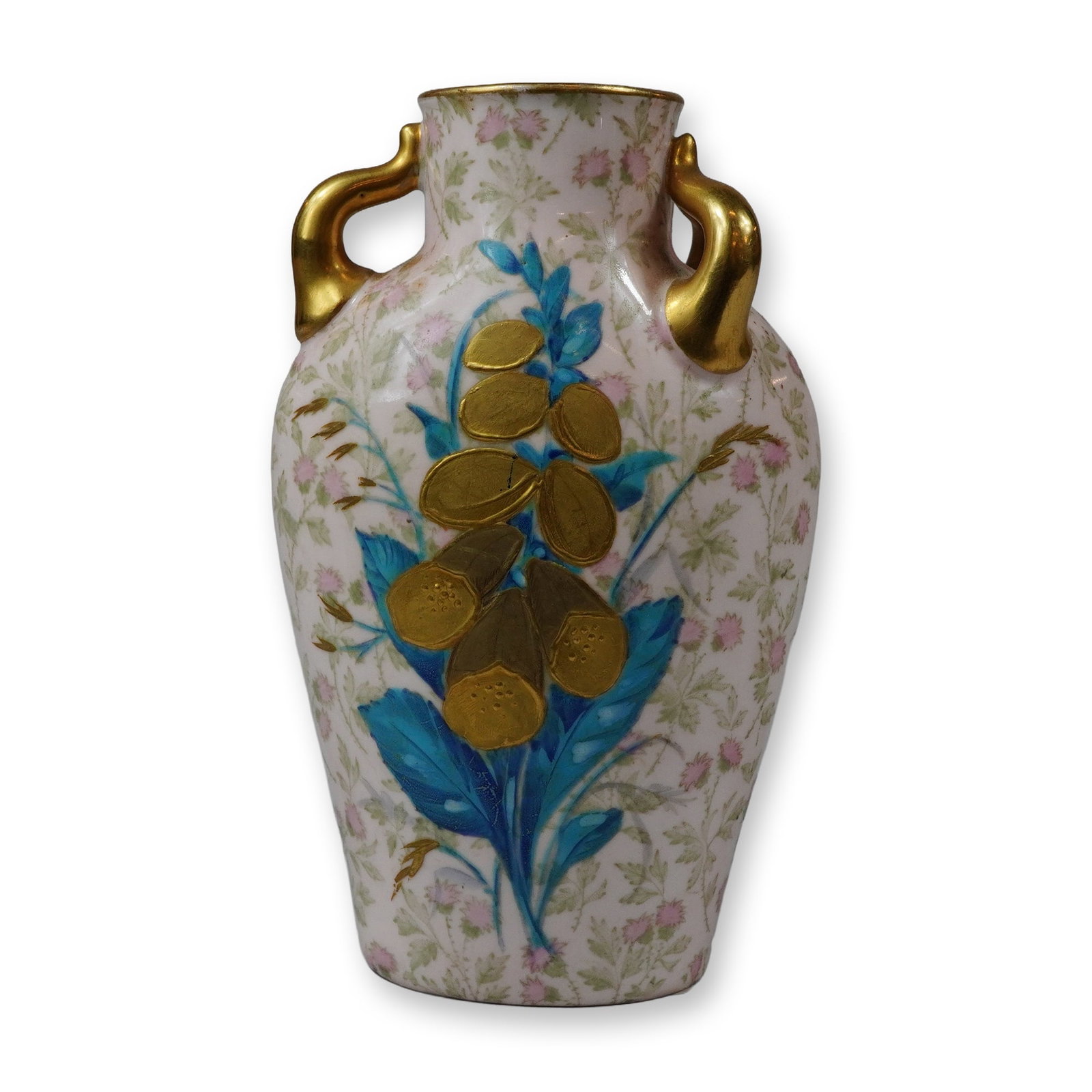 Wedgwood Porcelain Twin-Handled Cabinet Vase with Gilded Relief Decoration: This Victorian-era porcelain twin-handled cabinet vase features an ovoid body with two small, recurved scroll handles at the shoulder, finished in bright gilding. The exterior surface is decorated wit