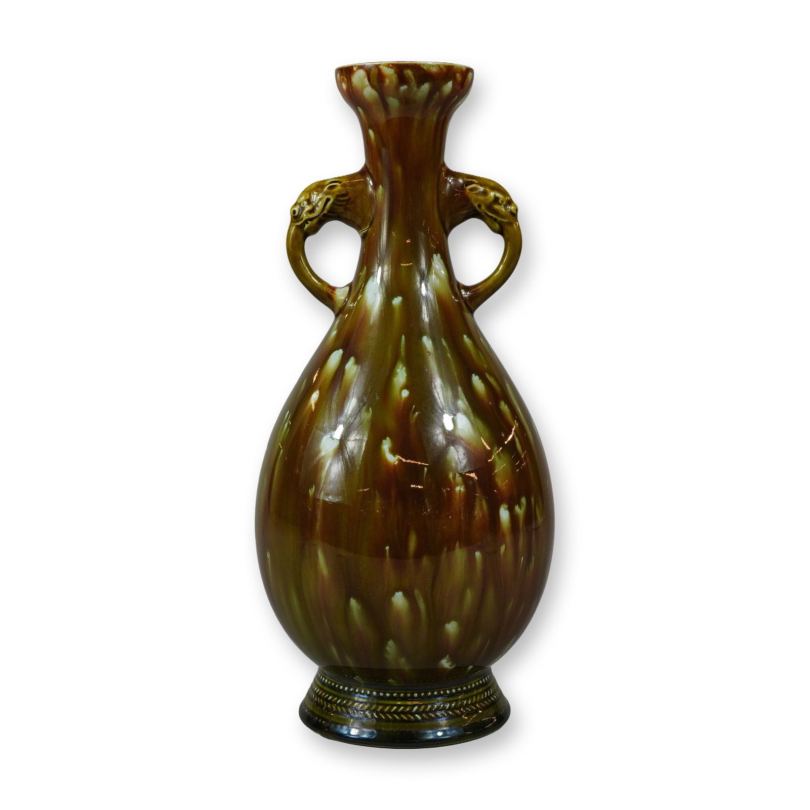 Wedgwood Glazed Ceramic Vase Double Dragon Handles: The piece features a pear-shaped body that tapers to a slender neck and a flared, cup-shaped rim. It is flanked by two loop handles topped with molded dragon or zoomorphic heads that attach to the rim