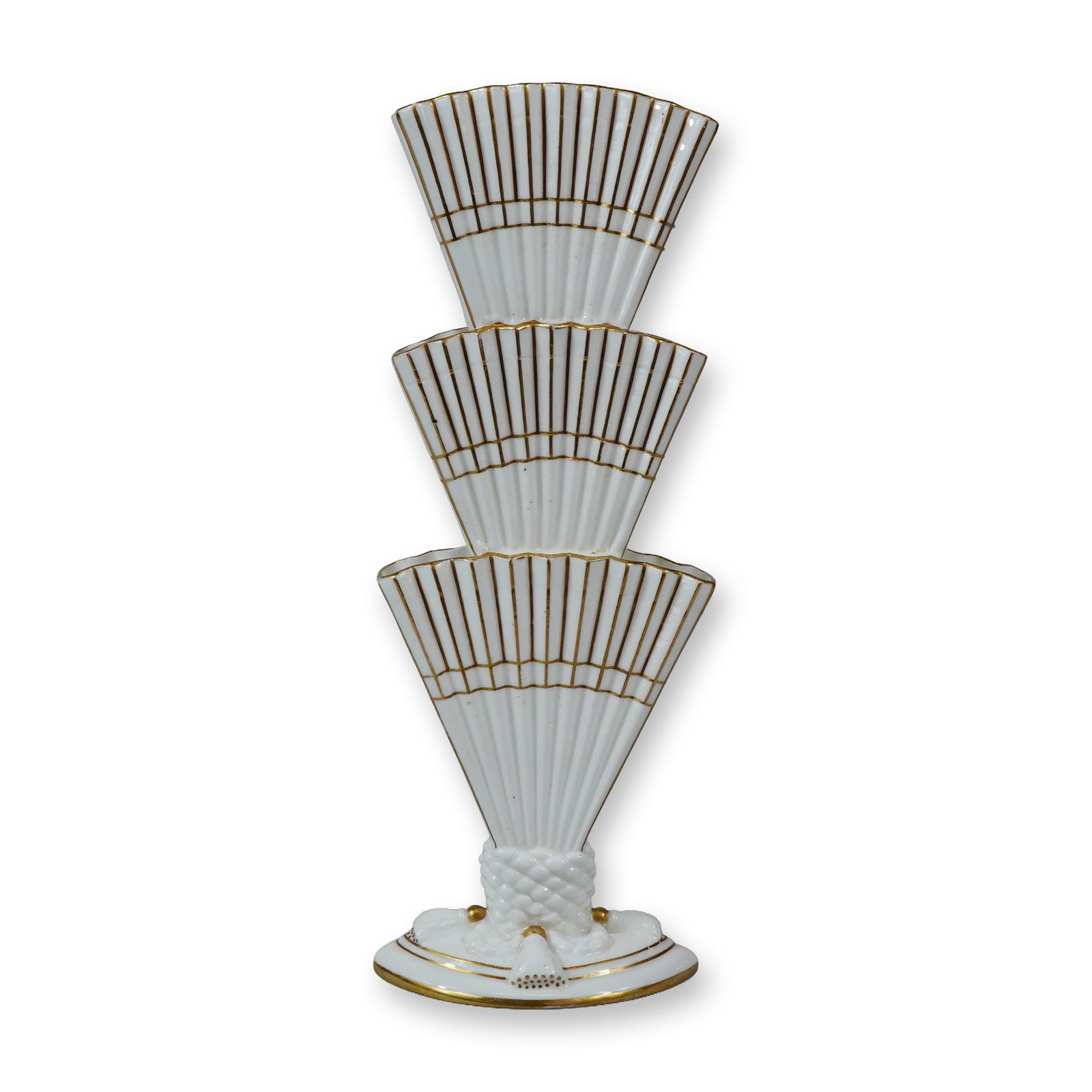 Wedgwood Gilt-Decorated Porcelain Triple Fan Vase: A Wedgwood triple fan vase featuring a neoclassical design with three tiered, fan-shaped compartments stacked vertically. The piece is finished in a smooth white glaze and is enriched with hand-applie