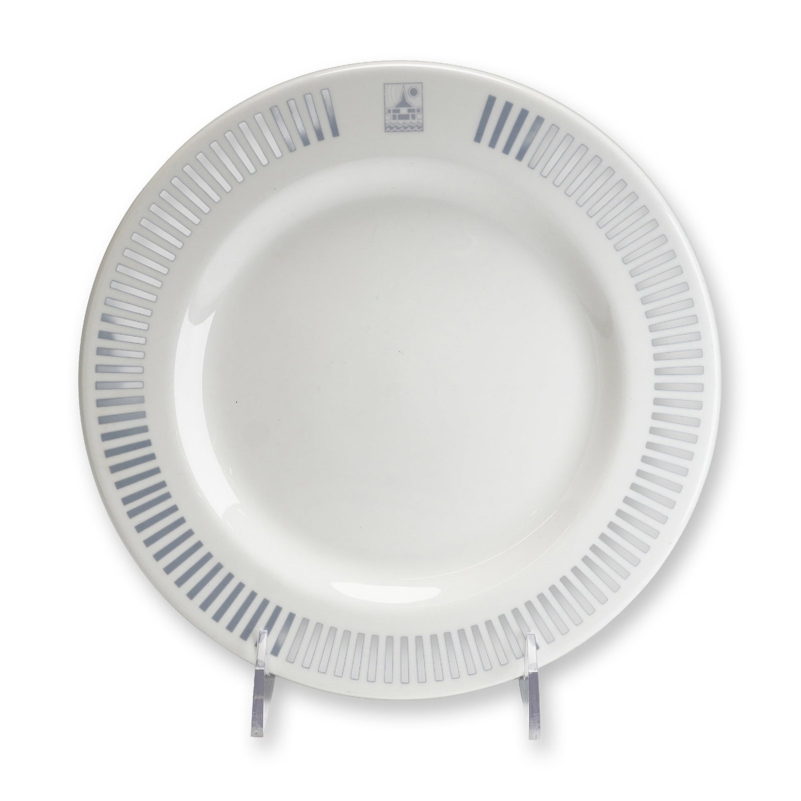 Wedgwood Bone China Hotelware Plate for The Village, St. James, Barbados: A circular white bone china plate produced by Wedgwood as part of a custom hotelware commission. The design features a transfer-printed decoration on the rim consisting of a repeating pattern of gray 