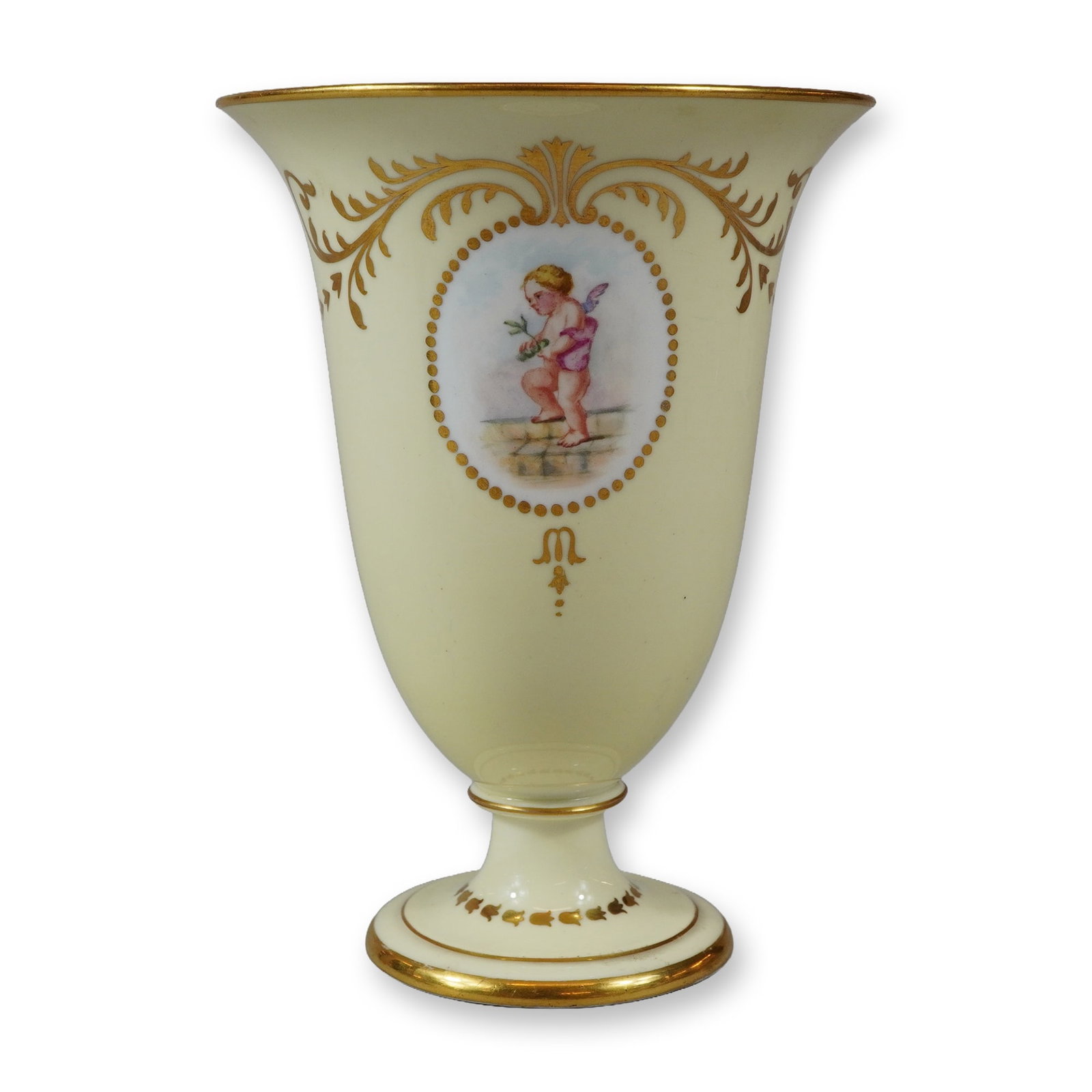 Wedgwood by J.P. Thorley Hand Painted Gilt Cherub Vase: A Wedgwood bone china vase featuring a neoclassical form with a flared rim and a pedestal foot. The exterior is decorated with a pale-yellow ground and two central hand-painted oval medallions, each d