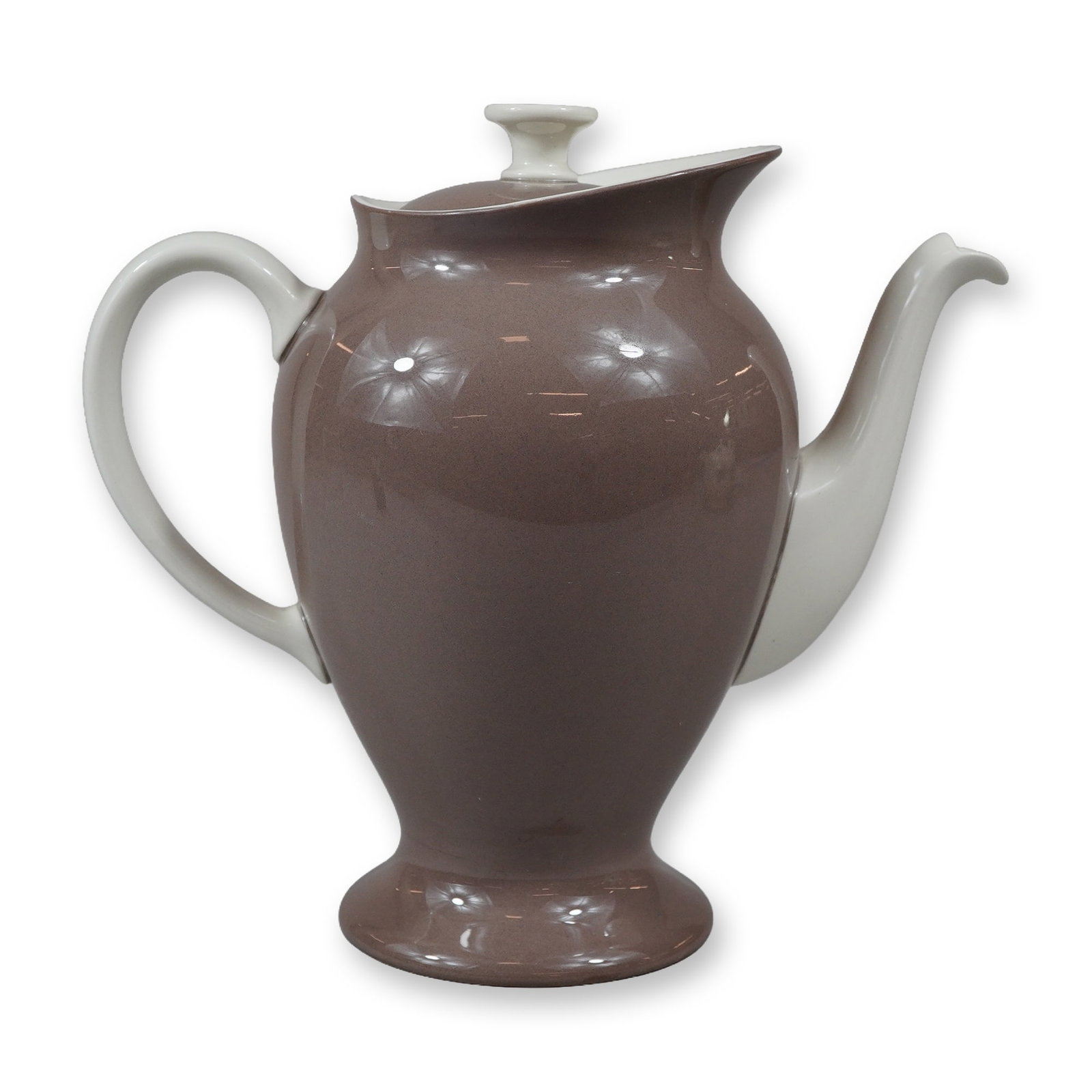Wedgwood Norman Wilson Havana Two-Tone Coffee Pot: A ceramic lidded coffee pot in the Havana pattern, manufactured by Wedgwood in England. The vessel features a bulbous body that tapers down to a pedestal foot, a curved white handle, and a white spout