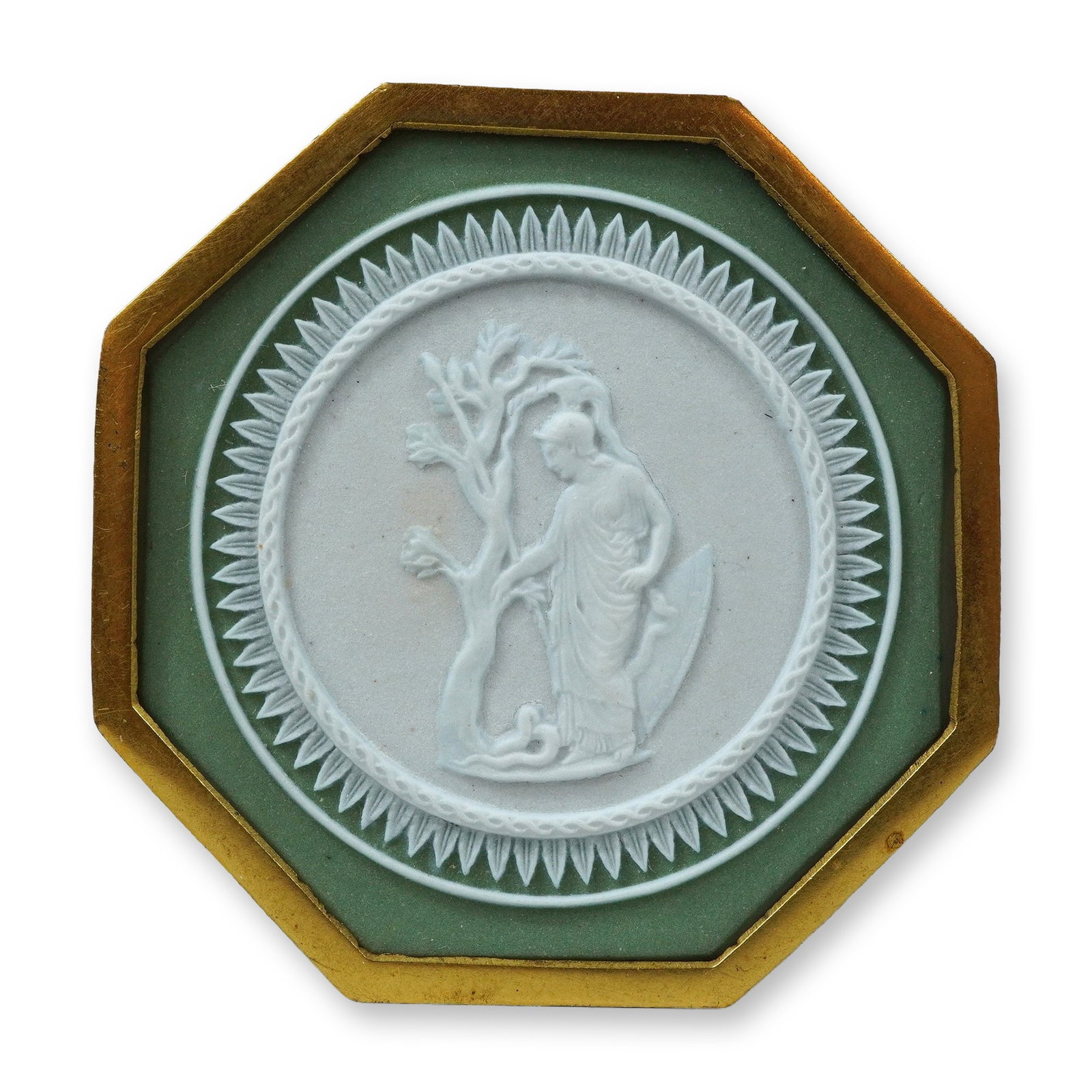 Wedgwood Sage Green Jasperware Octagonal Plaque in Gilt Metal Mount: This octagonal plaque is crafted from Wedgwood sage green jasperware using a three-color dip construction. The central circular medallion features a white bas-relief of a classical female figure, poss