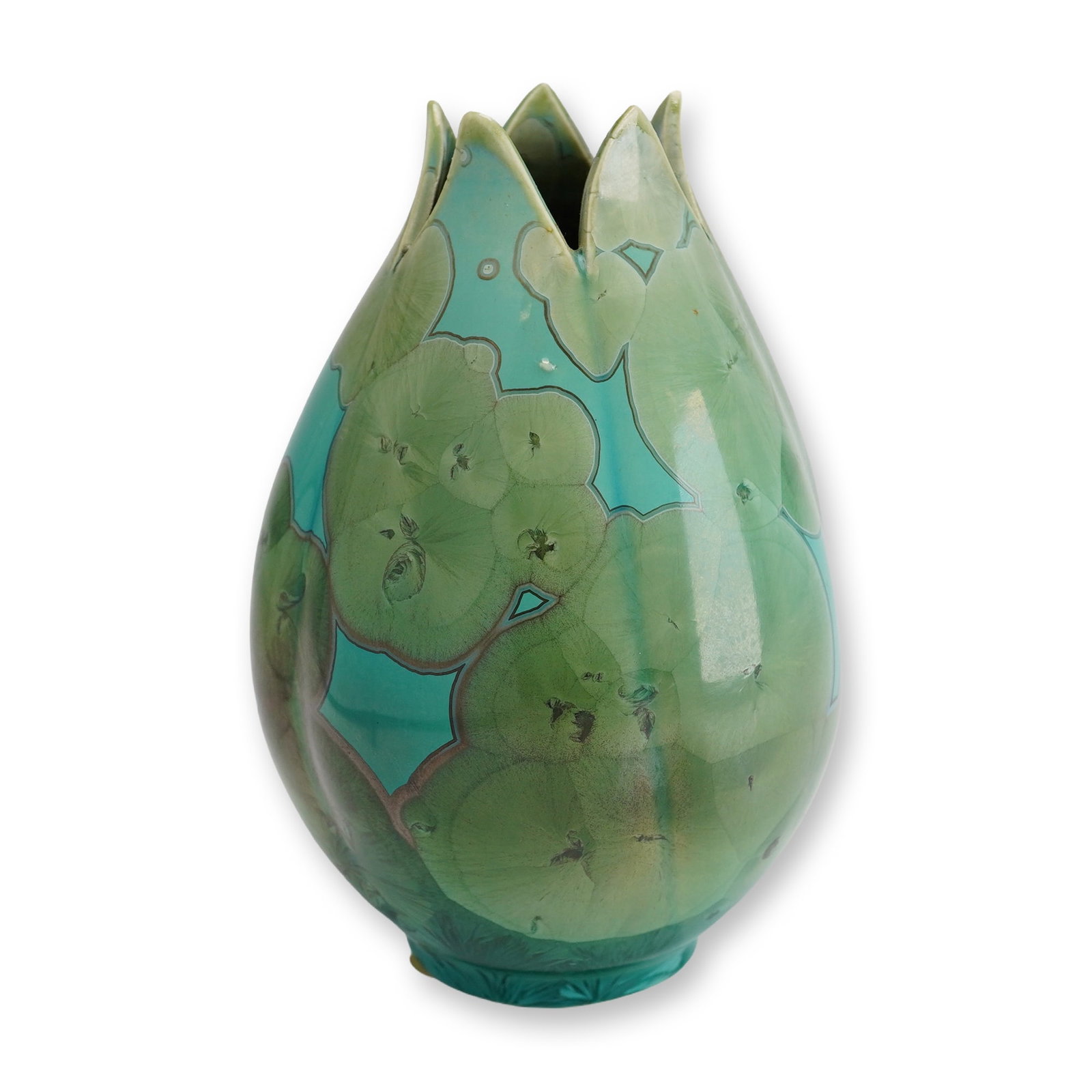 Frank Neef Crystalline Glazed Porcelain Vase: A contemporary crystalline glazed porcelain vase produced by artist Frank Neef in Seagrove, North Carolina. The vessel is designed with a tapering, bud-like form that opens into a flared, multi-lobed 