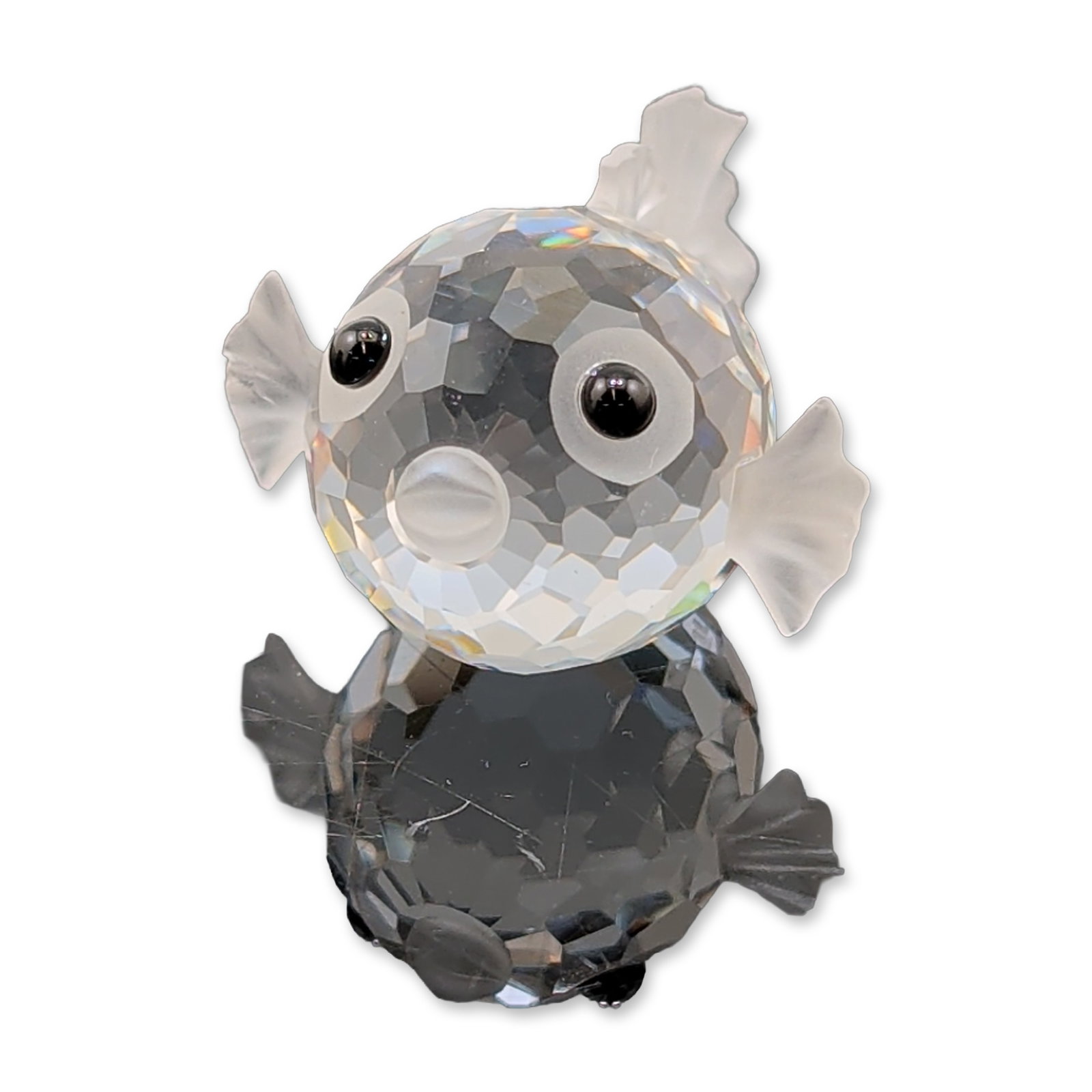 Swarovski Silver Crystal Figurine, Miniature Blowfish: Swarovski Silver Crystal figurine in faceted lead crystal, depicting a miniature blowfish with a multifaceted spherical body, frosted crystal fins, and a frosted tail. Detailed with applied black crys