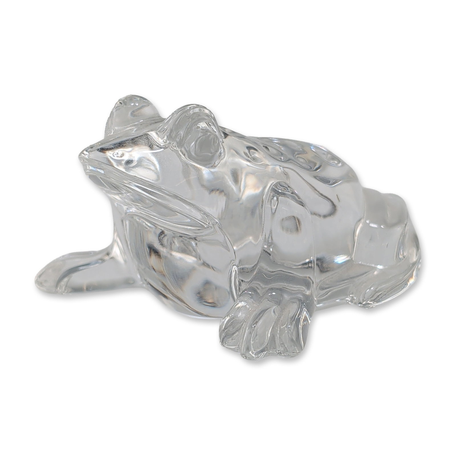 Waterford Crystal Frog Figurine: Frog sculpture in clear molded crystal, featuring stylized anatomical details and a polished finish. Etched Waterford mark present. High clarity crystal with deep molding to define features. Dimension