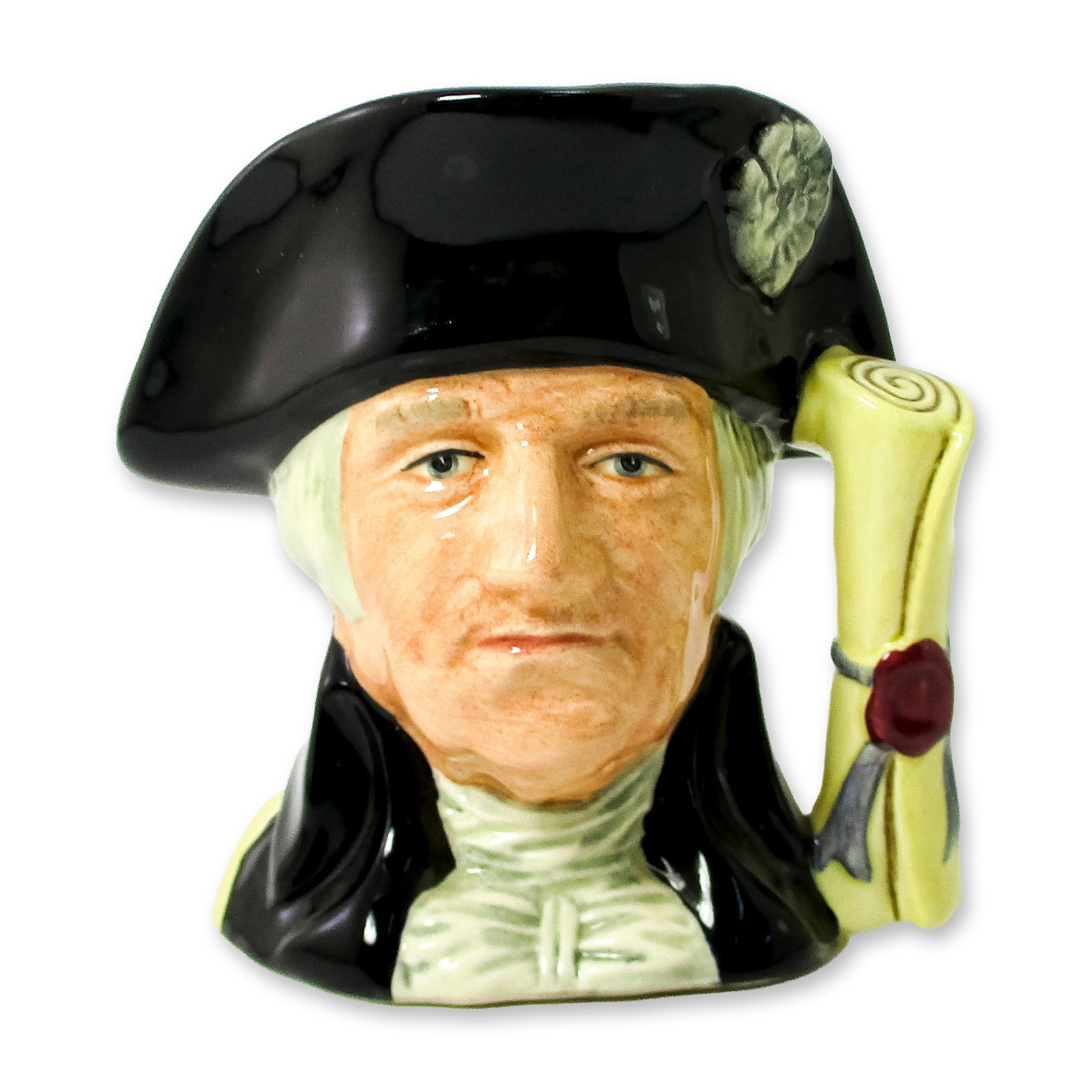 George Washington D6824 Small Royal Doulton Character Jug: Style One, Declaration of Independence handle. Black hat and coat; beige shirt. Royal Doulton backstamp. Artist: Stanley J. Taylor Dimensions: 4"H Date or Era: 1989 - 1991 Manufacturer or Brand: Royal