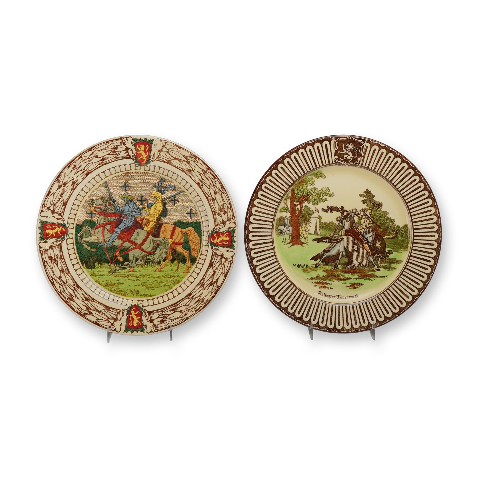 2pc Royal Doulton King Arthur's Knights and Royal Eglinton Plates: This pair of Royal Doulton earthenware Seriesware plates features scenes of medieval pageantry. The first, from the King Arthur's Knights series (D2961), depicts two armored knights jousting against a