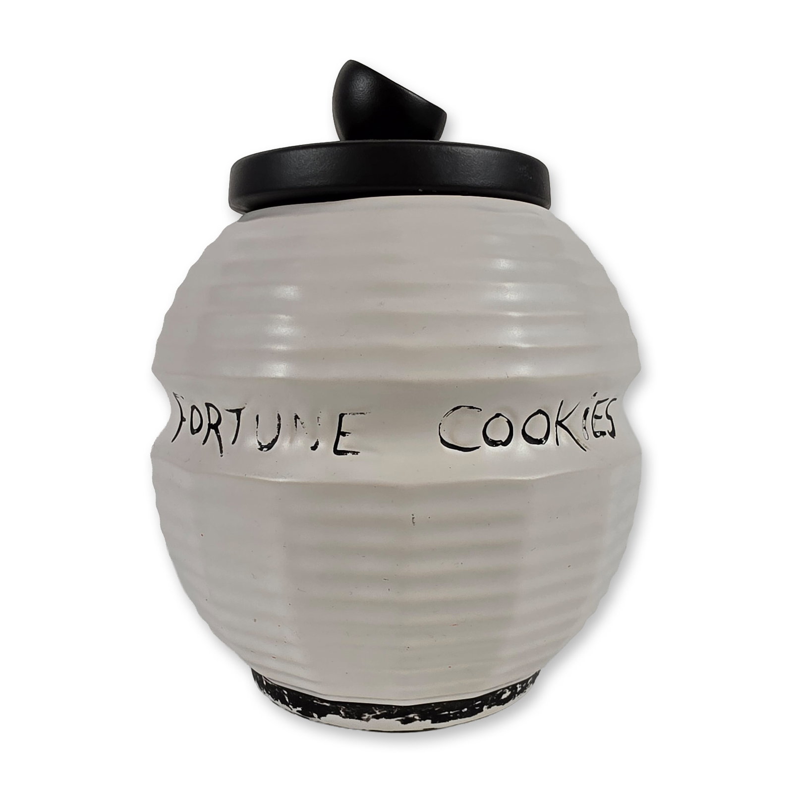 McCoy Ceramic Fortune Cookie Jar: Ceramic lidded canister in a globose lantern form, featuring horizontal ribbing and a smooth vertical panel. The body is finished in an off-white glaze with FORTUNE COOKIES hand-painted in black scrip