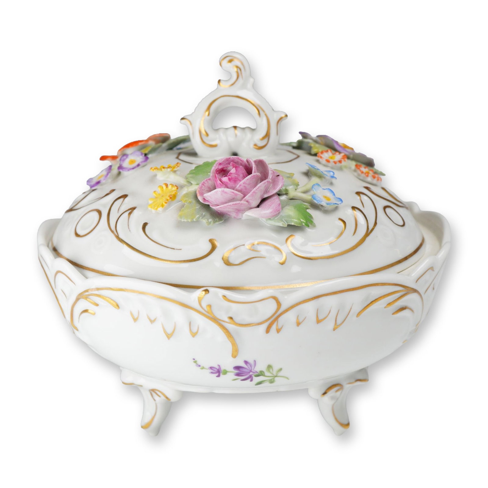 Vintage Von Schierholz Dresden German Porcelain Floral and Gilded Footed Bowl with Lid: A vintage Von Schierholz German porcelain footed bowl with a lid, decorated in the Dresden style with encrusted floral motifs and gilded accents. The circular bowl is supported by three scrolled feet.
